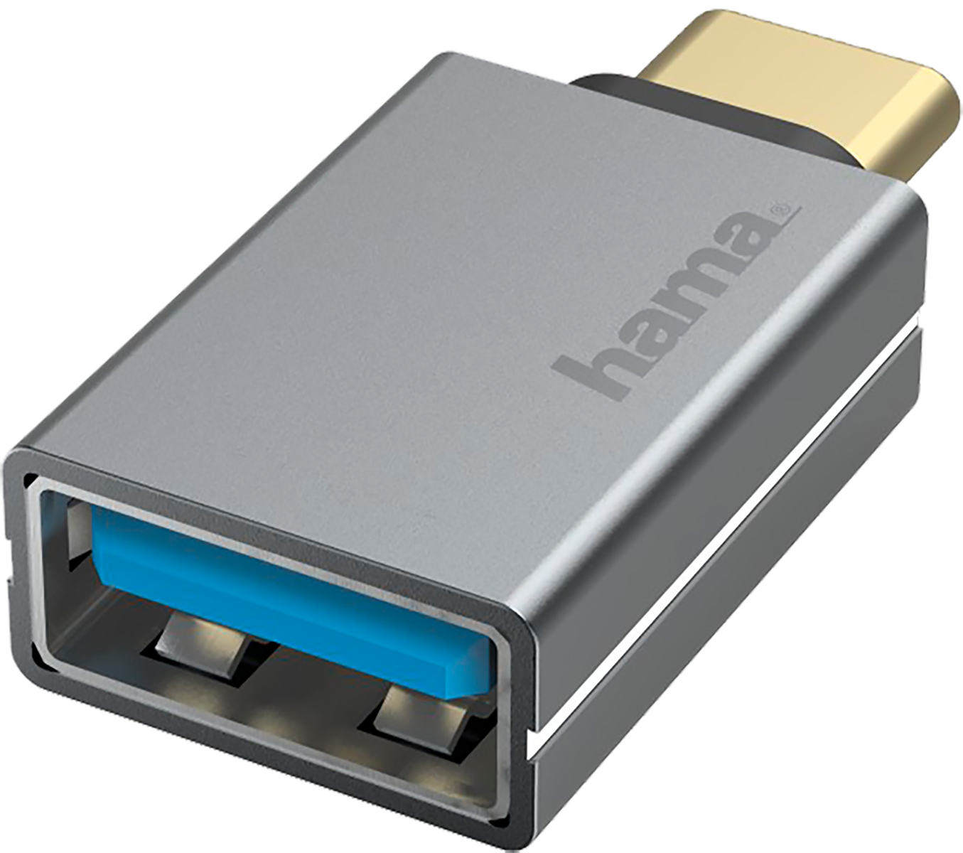 Adattatore USB a USB-C argento. Ha una porta USB blu e un connettore USB-C dorato.