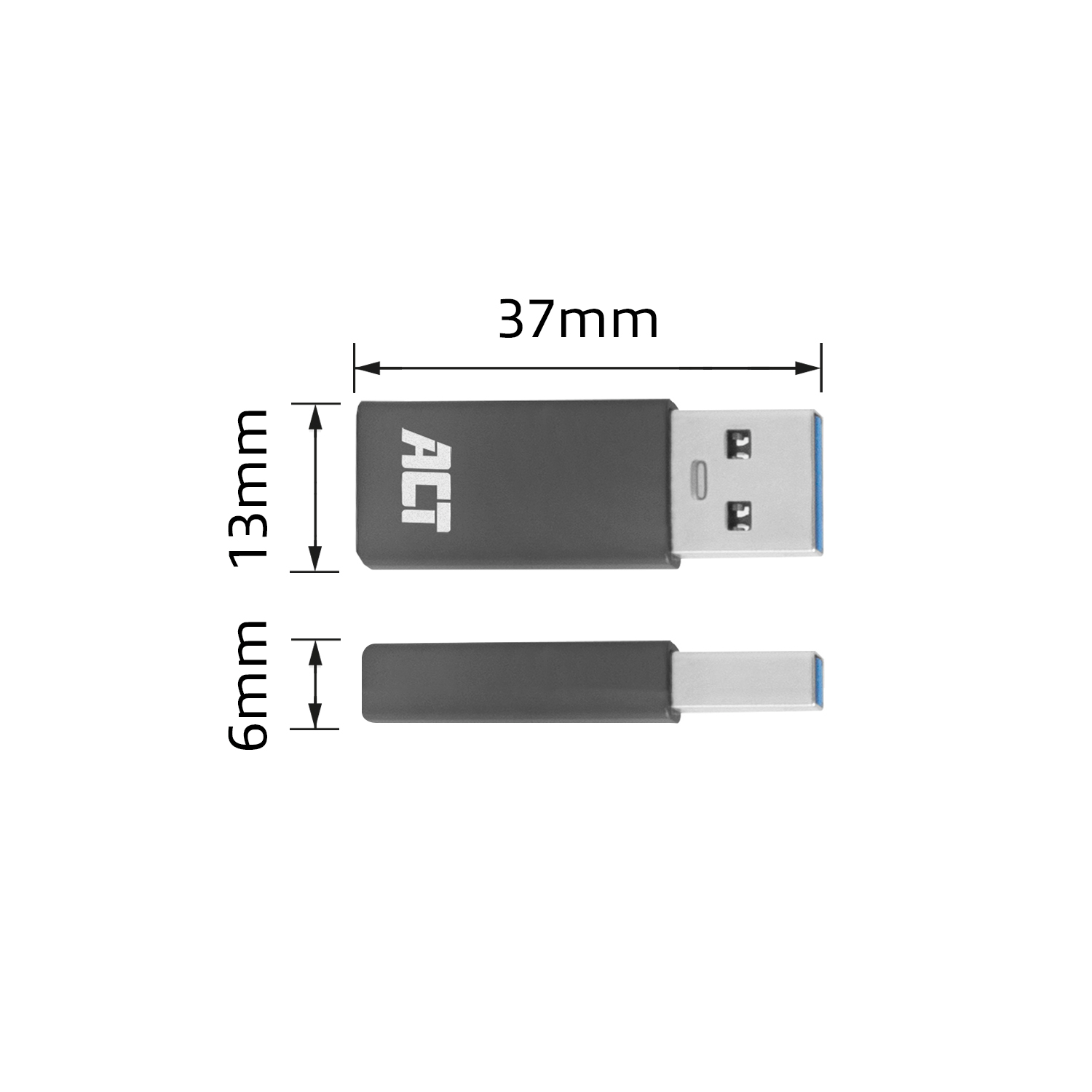 Schwarzer ACT USB-Adapter mit angezeigten Abmessungen auf weißem Hintergrund.