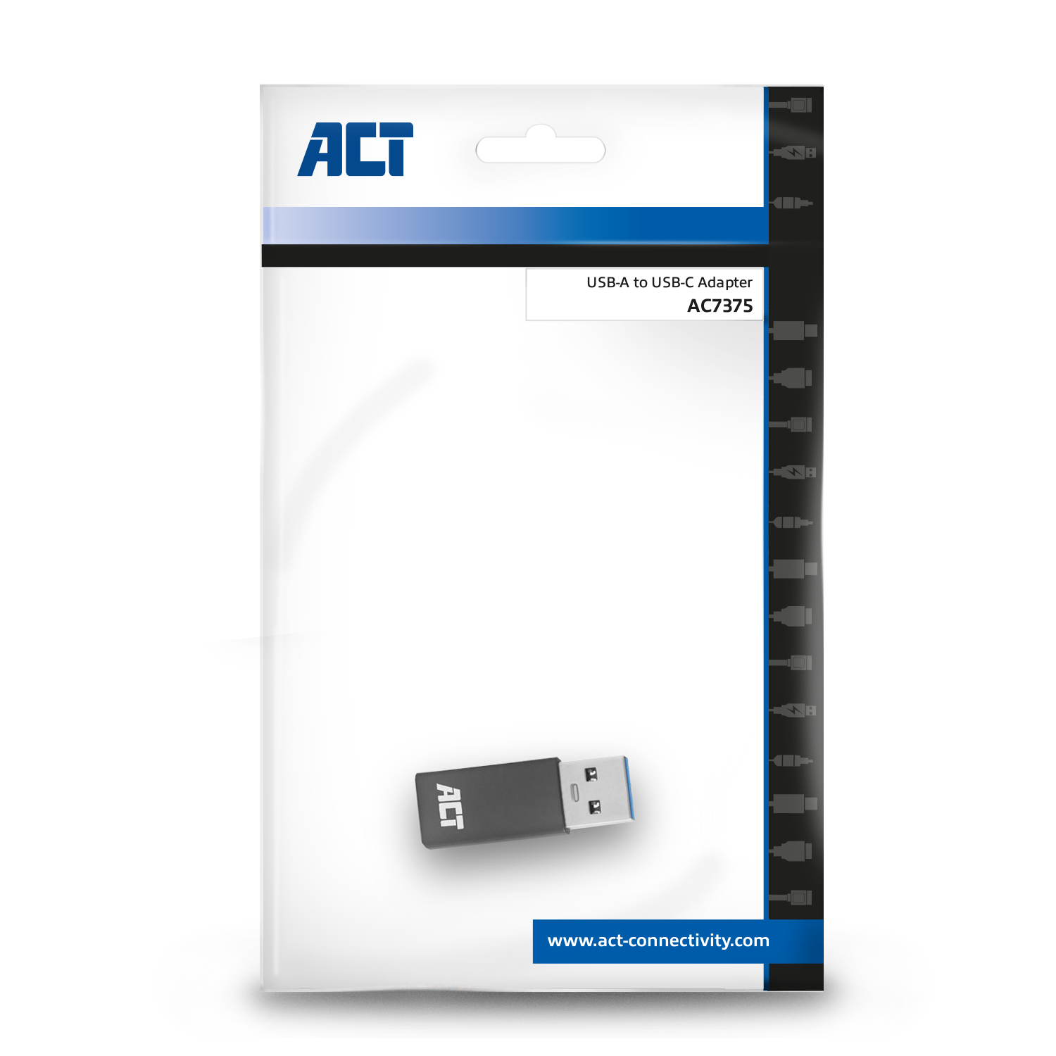 Ein USB-A-zu-USB-C-Adapter in seiner Verpackung, mit dem ACT-Logo.