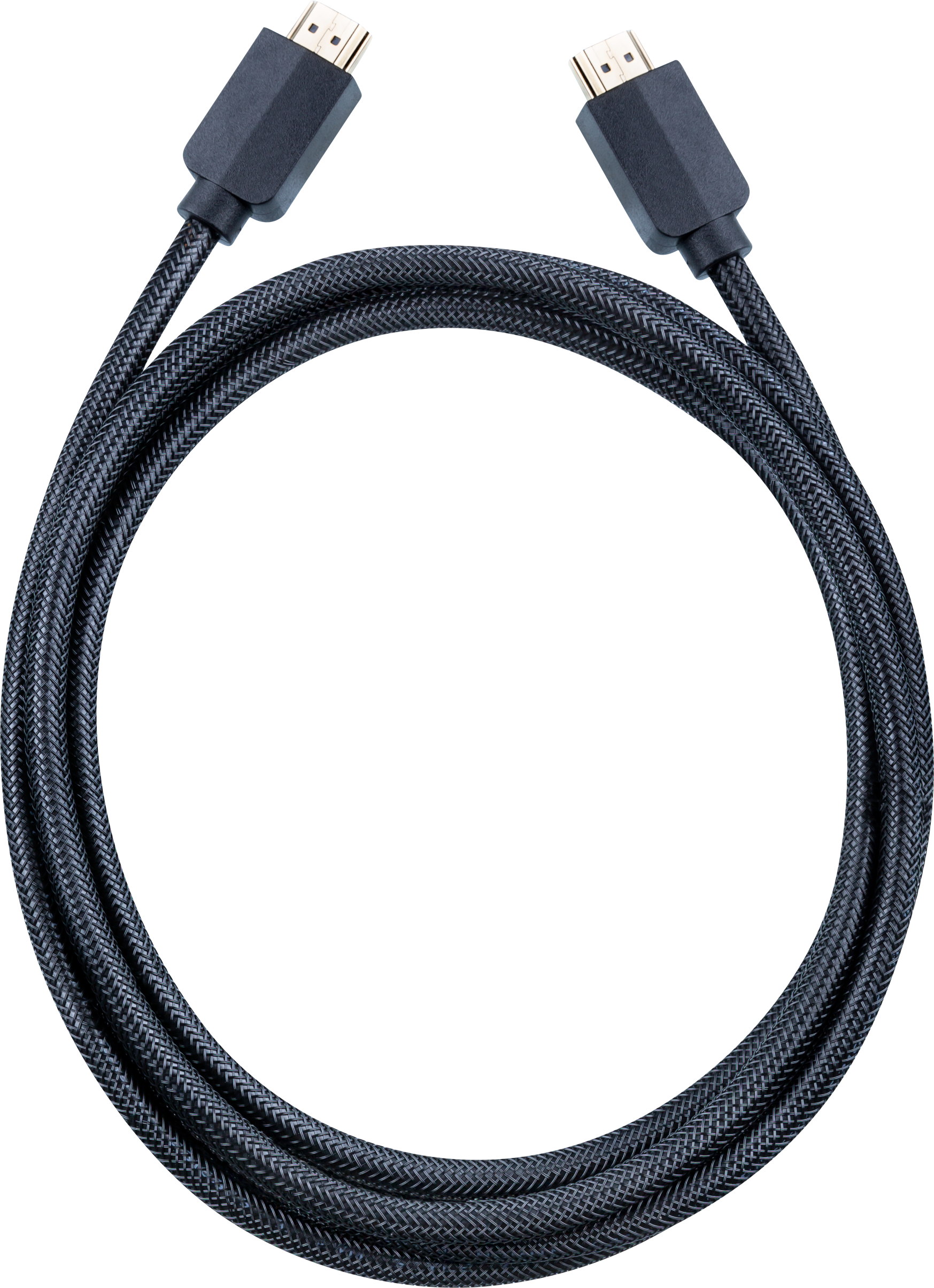 Cable HDMI negro con conectores en ambos extremos. El cable está sobre un fondo negro.