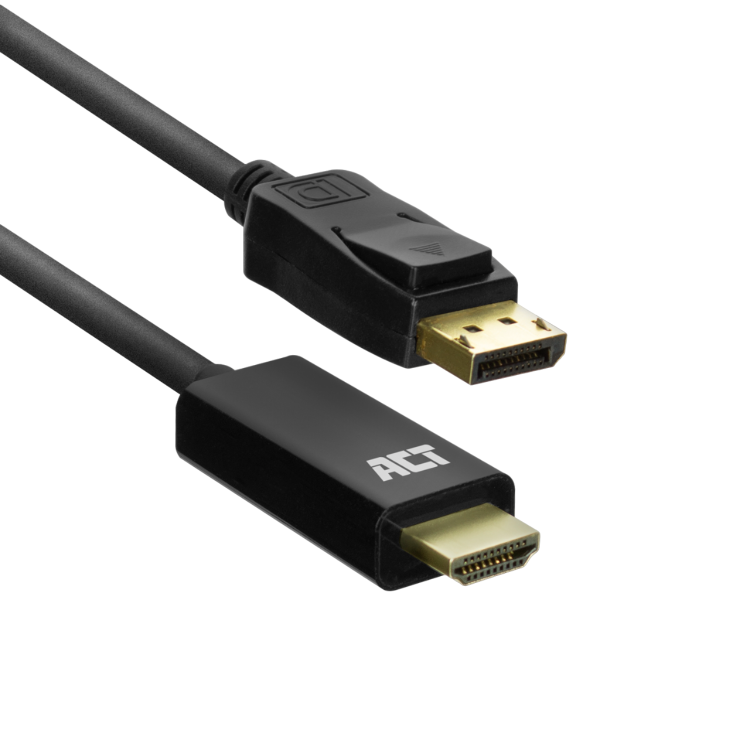 Czarny i złoty kabel DisplayPort ze złączami, na czarnym tle.