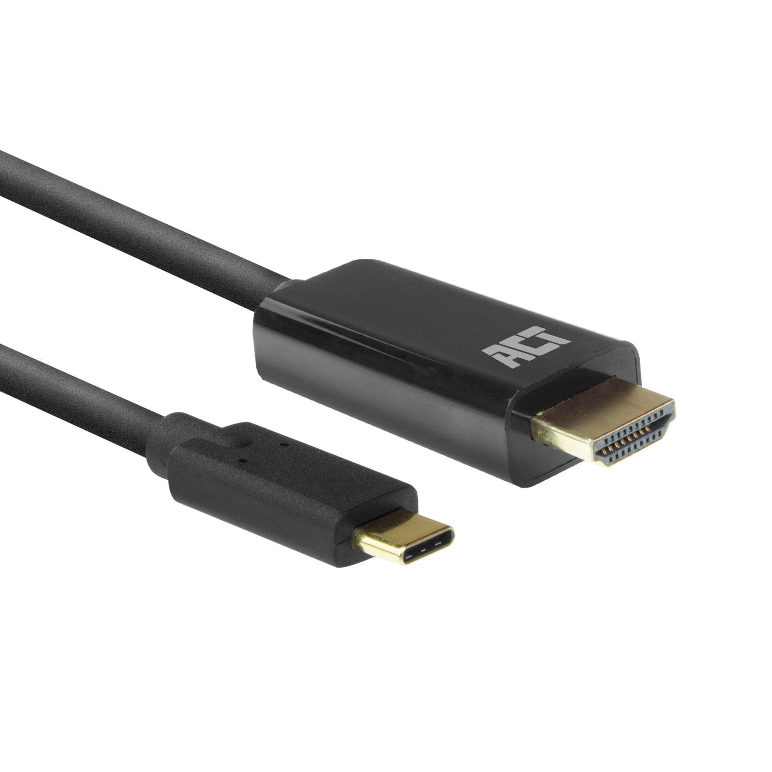 Zwarte HDMI naar USB-C kabel. Het HDMI-uiteinde is rechthoekig, USB-C is ovaal.