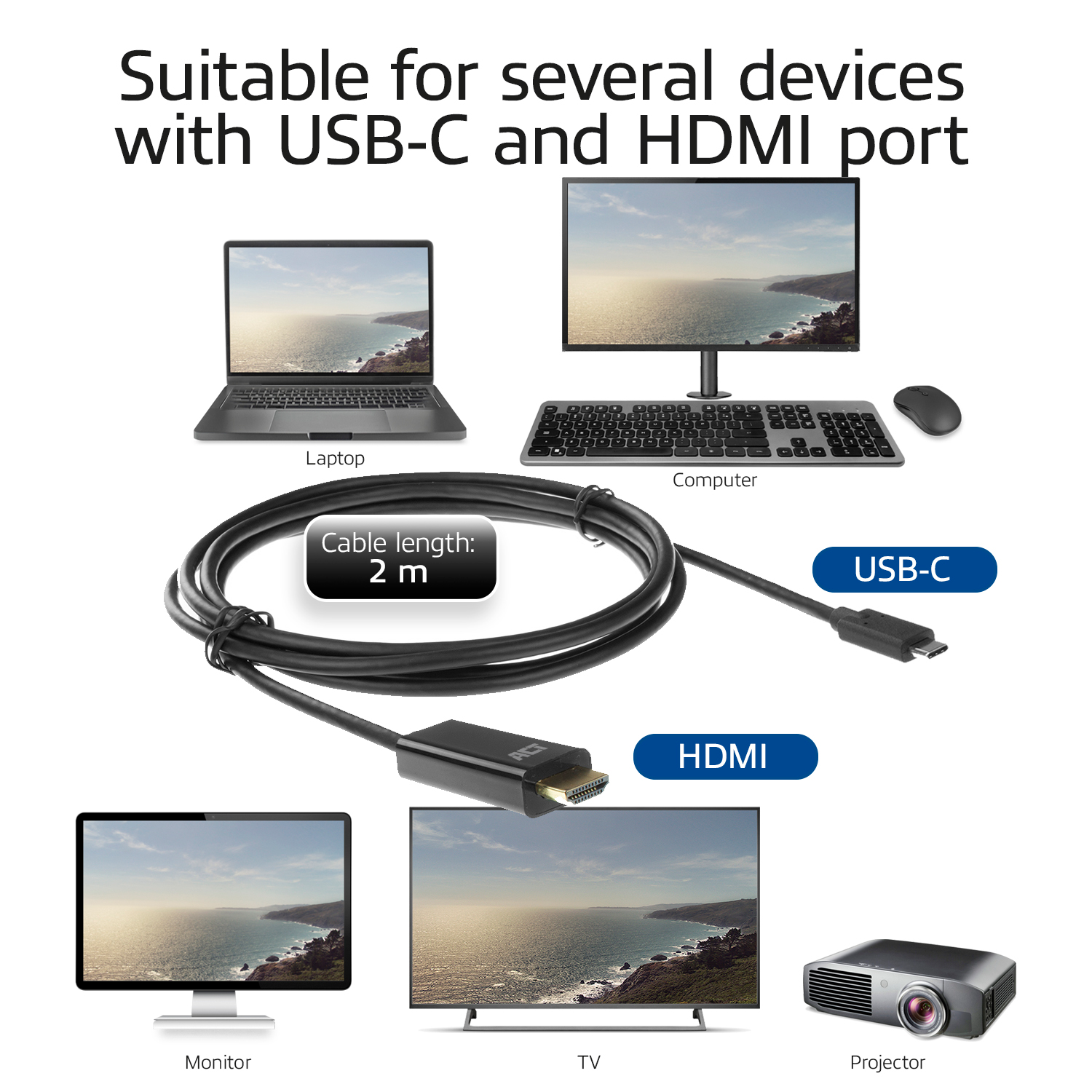 Diagram toont een kabel aangesloten op een laptop, computer, monitor, tv en projector. Kabellengte is 2m.