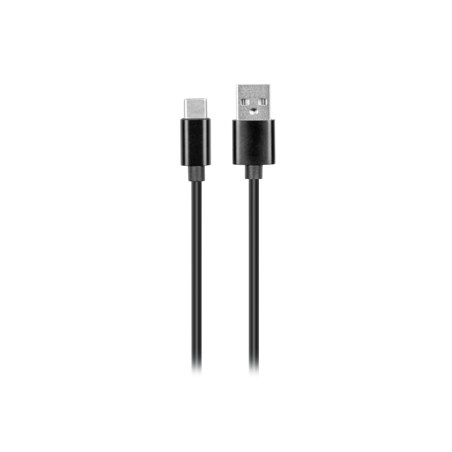 Ein schwarzes USB-Kabel. Ein Ende ist USB-C, das andere USB-A.