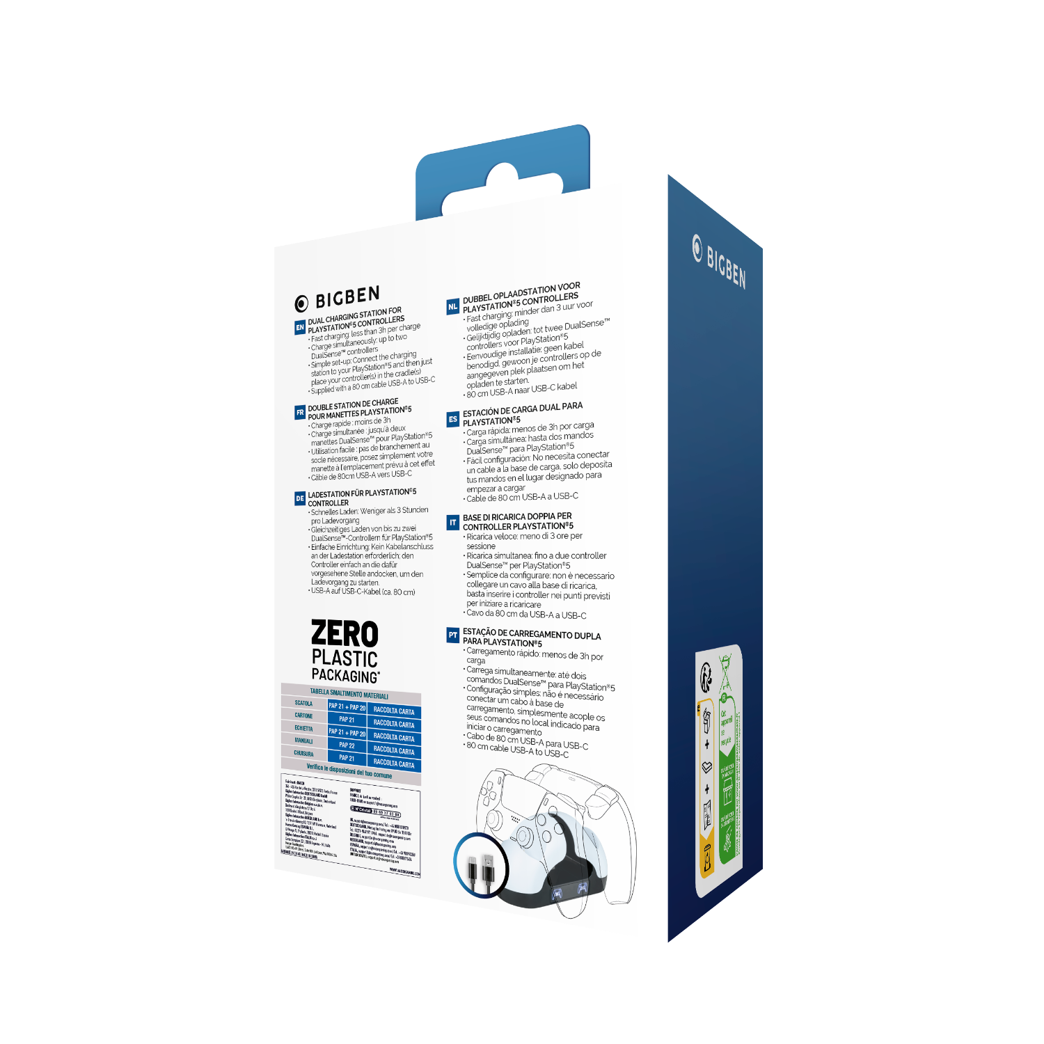 Eine Produktverpackung für eine Dual-Ladestation für PlayStation-Controller, mit Text in mehreren Sprachen.