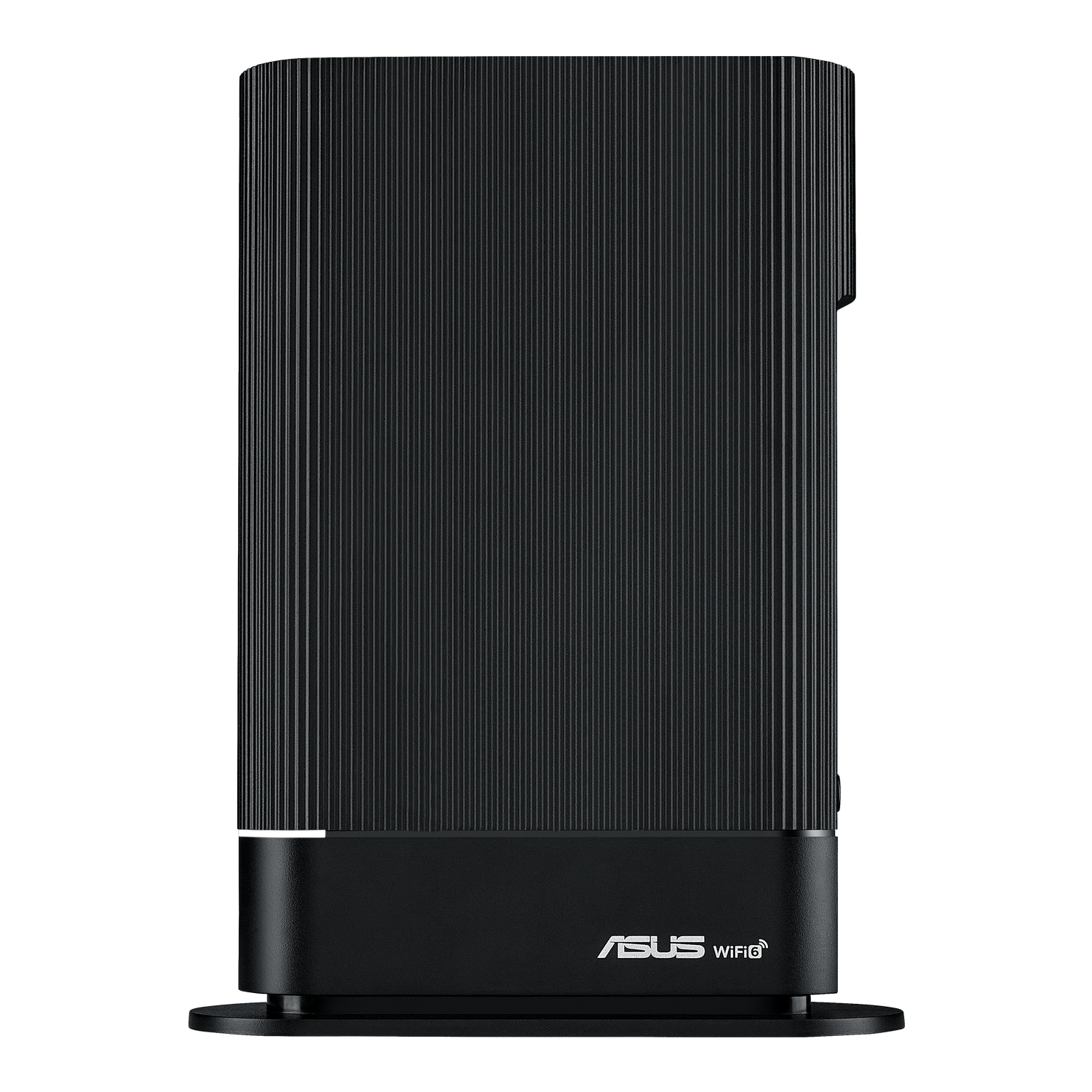 Czarny router ASUS WiFi z pionowymi żebrami i białym światłem na dole.