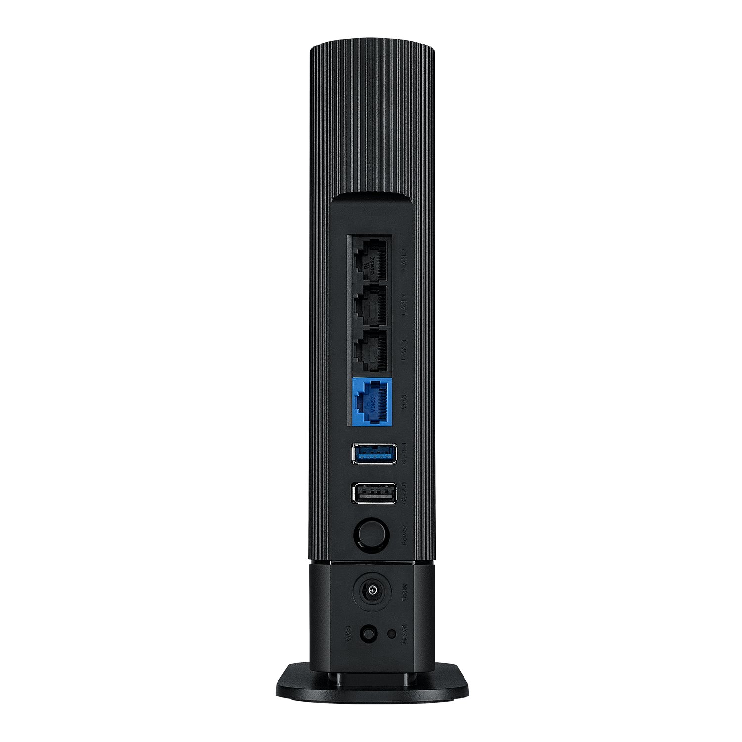 Czarny router z portami z tyłu. Zawiera porty LAN, USB i zasilania. Czarne tło.