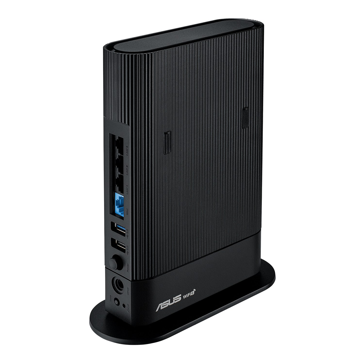 Czarny mini PC ASUS WiFi z czarną podstawką.