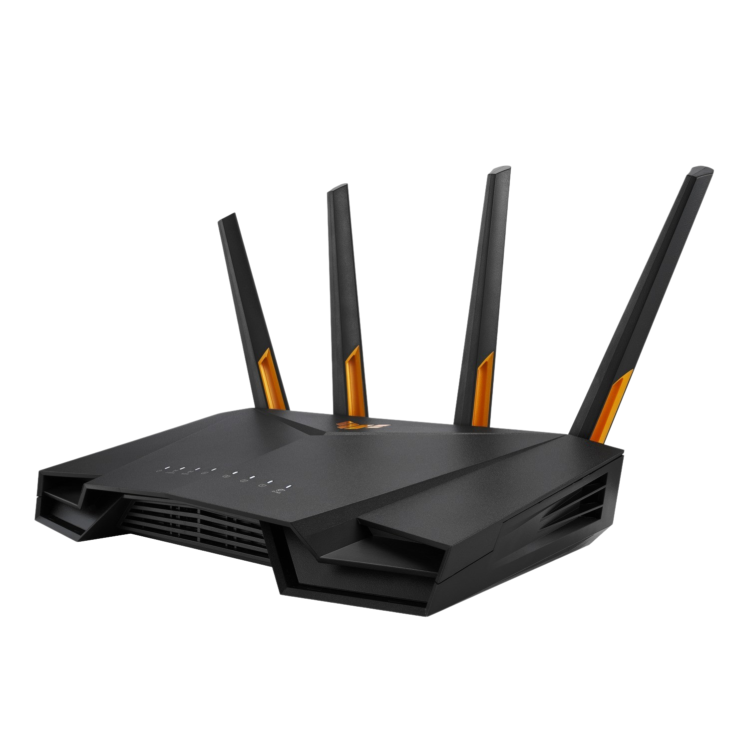 Czarny router z czterema antenami. Pomarańczowe akcenty. Pod kątem na czarnym tle.