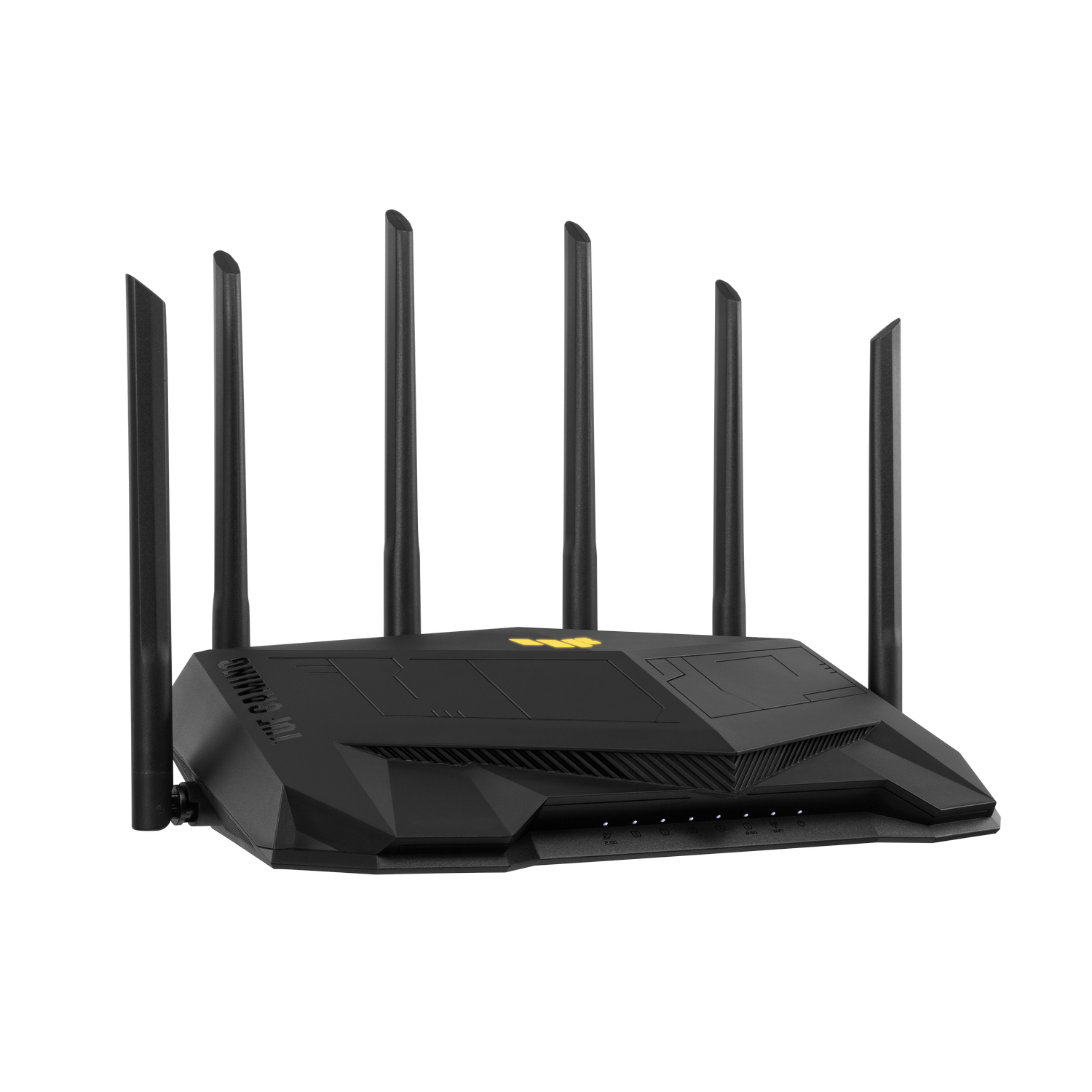 Enrutador negro con múltiples antenas y logotipo amarillo sobre fondo negro.