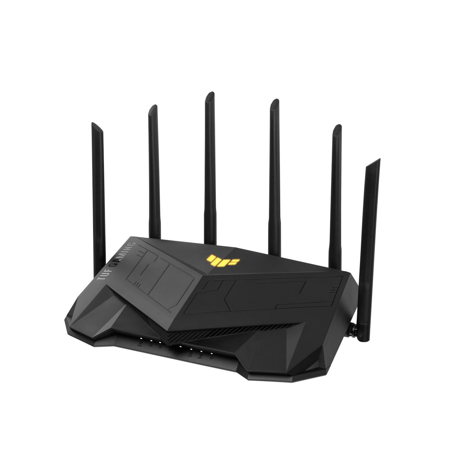 Router negro con seis antenas. Logotipo amarillo arriba. Fondo negro.