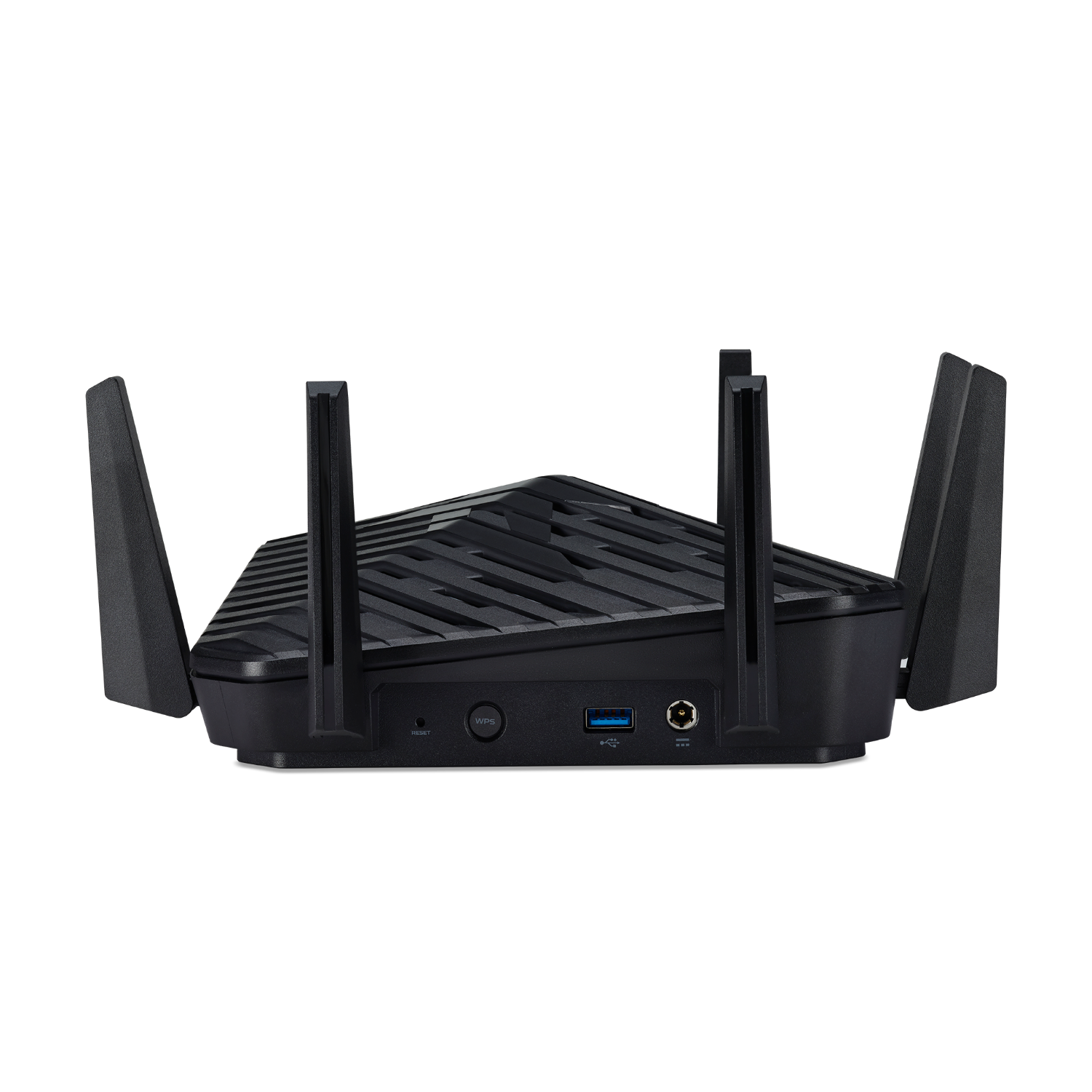 Tył czarnego routera z antenami i różnymi portami. Czarne tło.