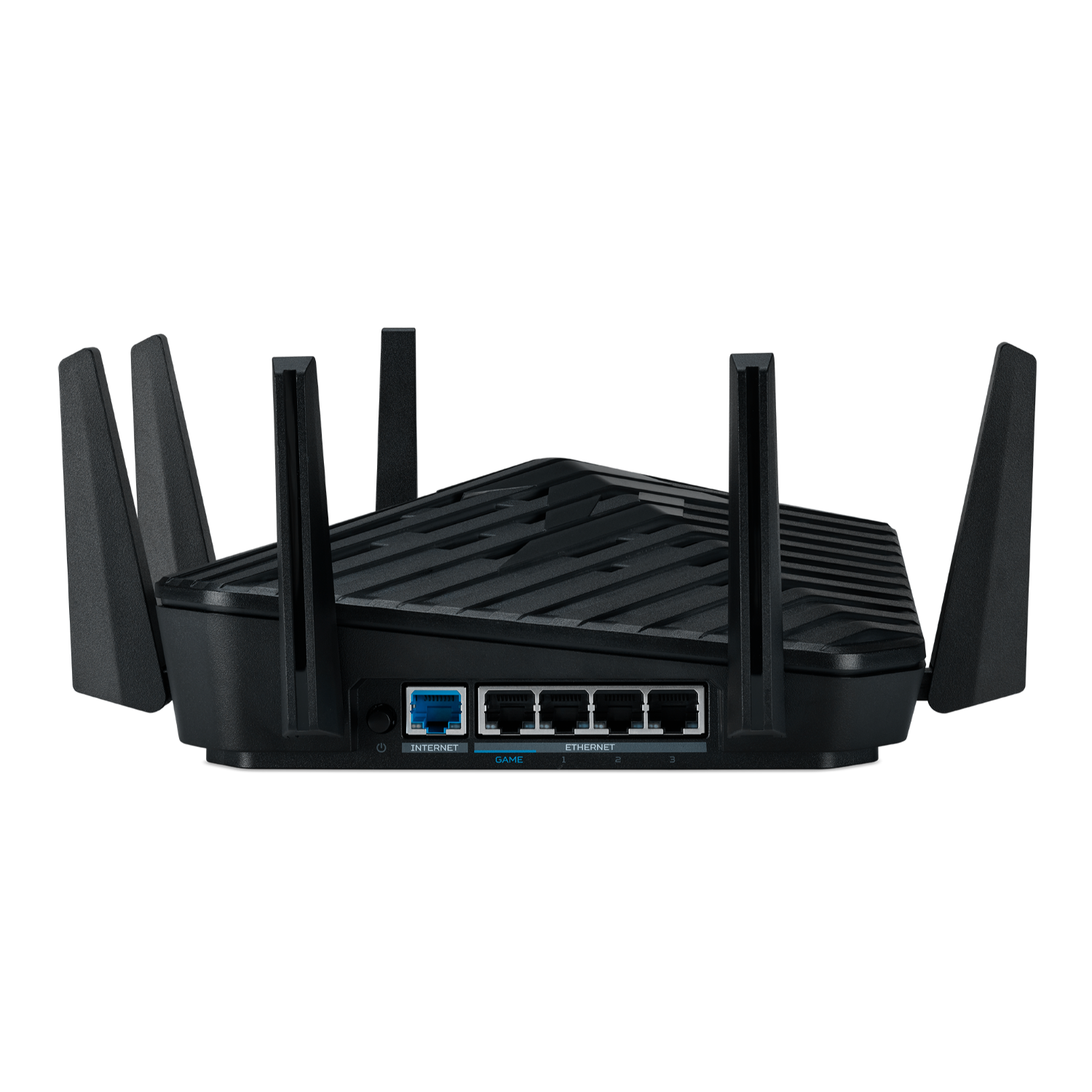 Czarny router z antenami i portami z tyłu. Etykiety 'INTERNET' i 'GRA'.