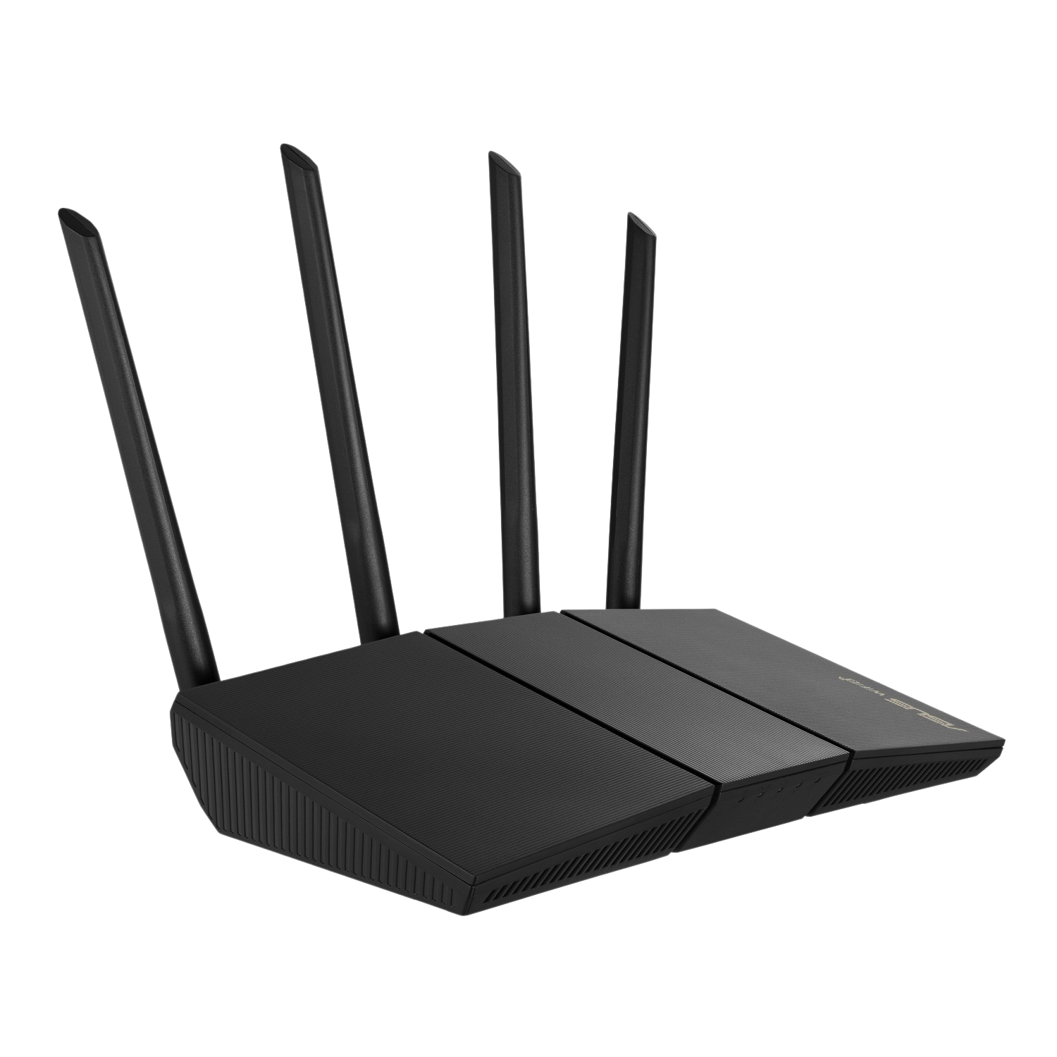 Schwarzer Router mit vier Antennen auf schwarzer Oberfläche. Angesicht.