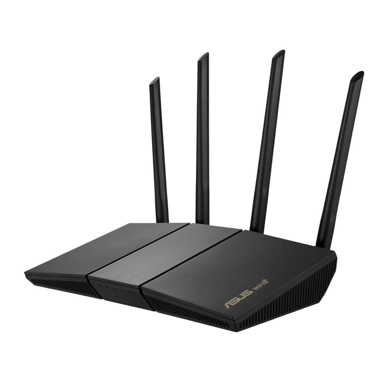 Ein schwarzer ASUS Wi-Fi-Router mit vier Antennen, aus seitlicher Perspektive auf schwarzem Hintergrund betrachtet.