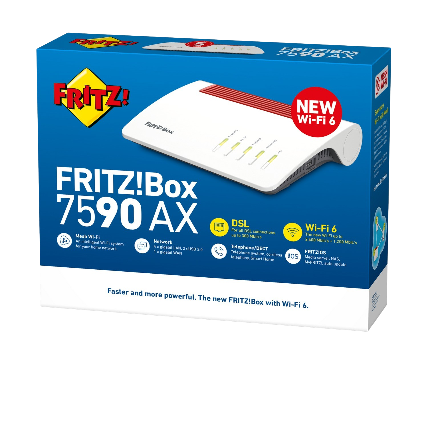 Pudełko routera FRITZ!Box 7590 AX. Na przodzie wymieniono funkcje Wi-Fi 6 i DSL.