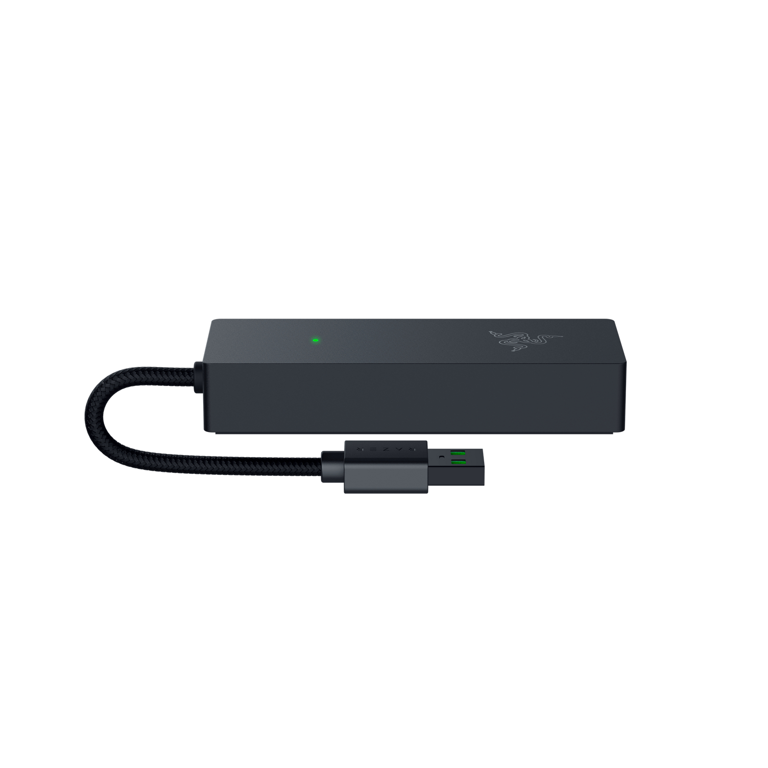 Dispositivo Razer nero con connettore USB e USB-C.