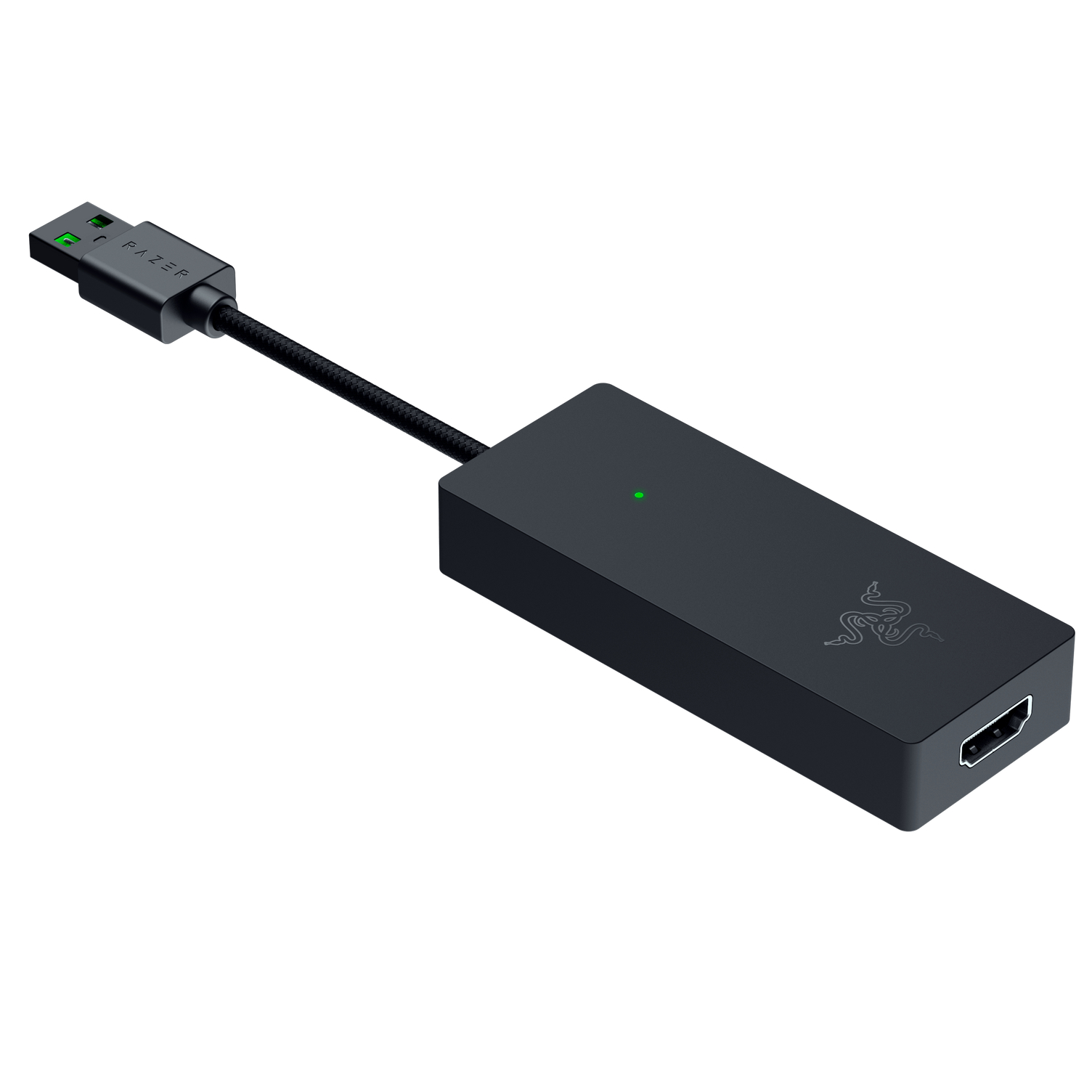 Un dongle USB-C Razer nero collegato a un cavo e a una porta USB. Ha una luce verde.