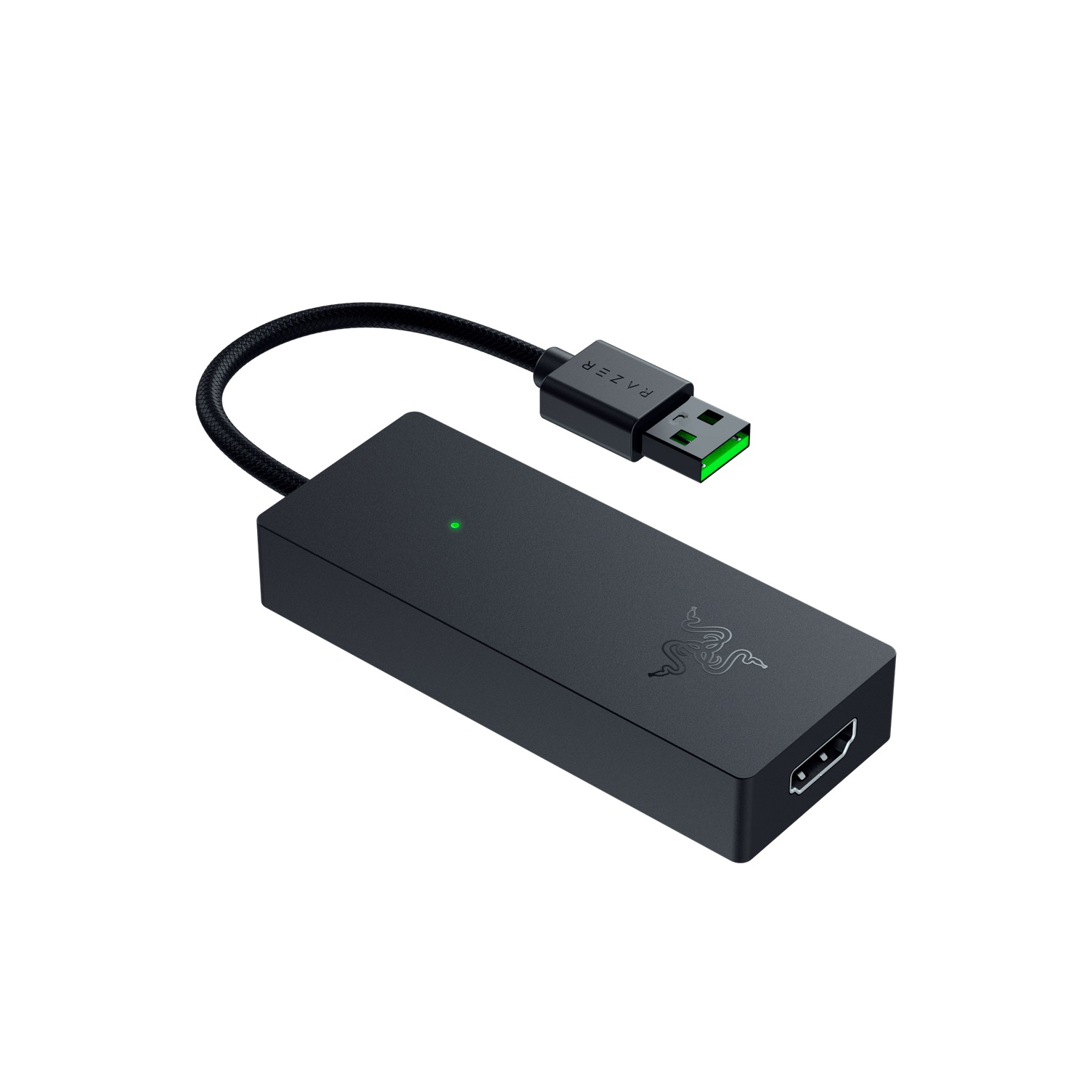 Adattatore nero Razer da USB-C a HDMI. Ha una porta USB-C e HDMI, con una luce LED verde.