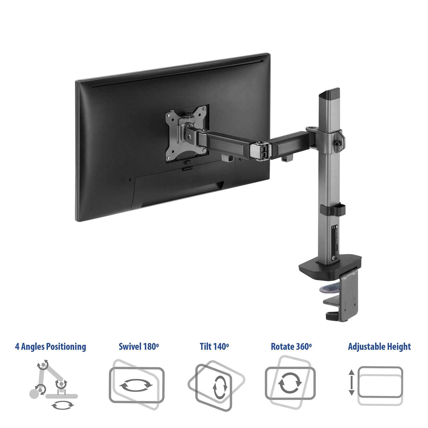 Monitorarm mit Monitor, einstellbare Höhen- und Winkeloptionen.