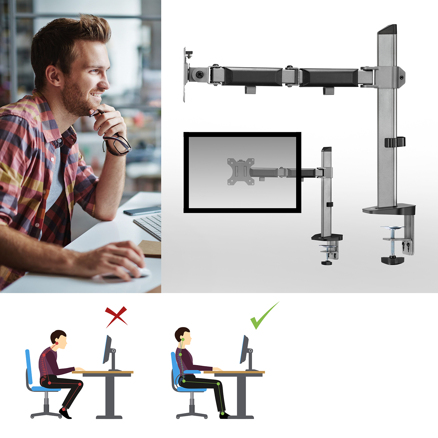 Mann am Computer mit Monitorarm und Diagrammen guter vs. schlechter Haltung.