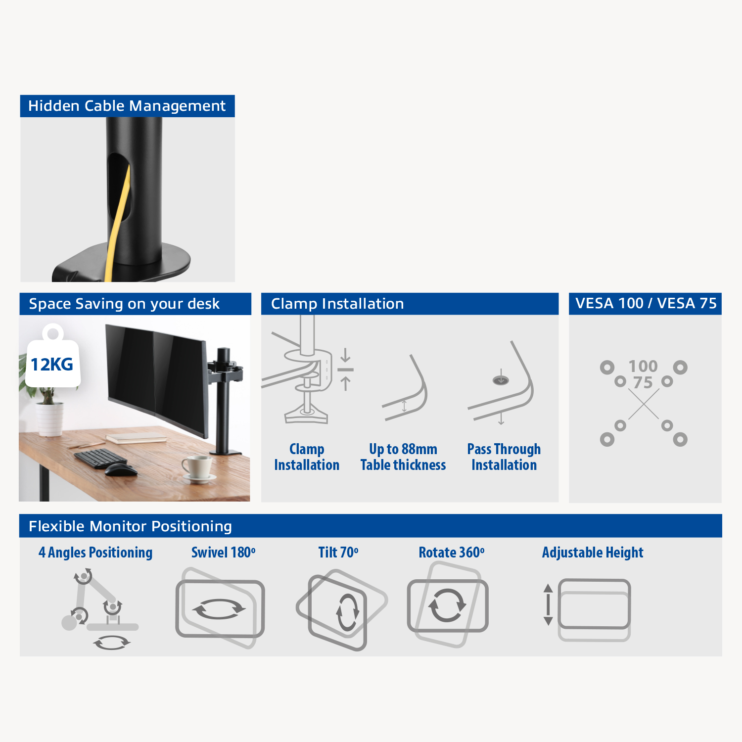 Schemat stojaka na monitor z funkcjami takimi jak regulowana wysokość i instalacja zaciskowa.