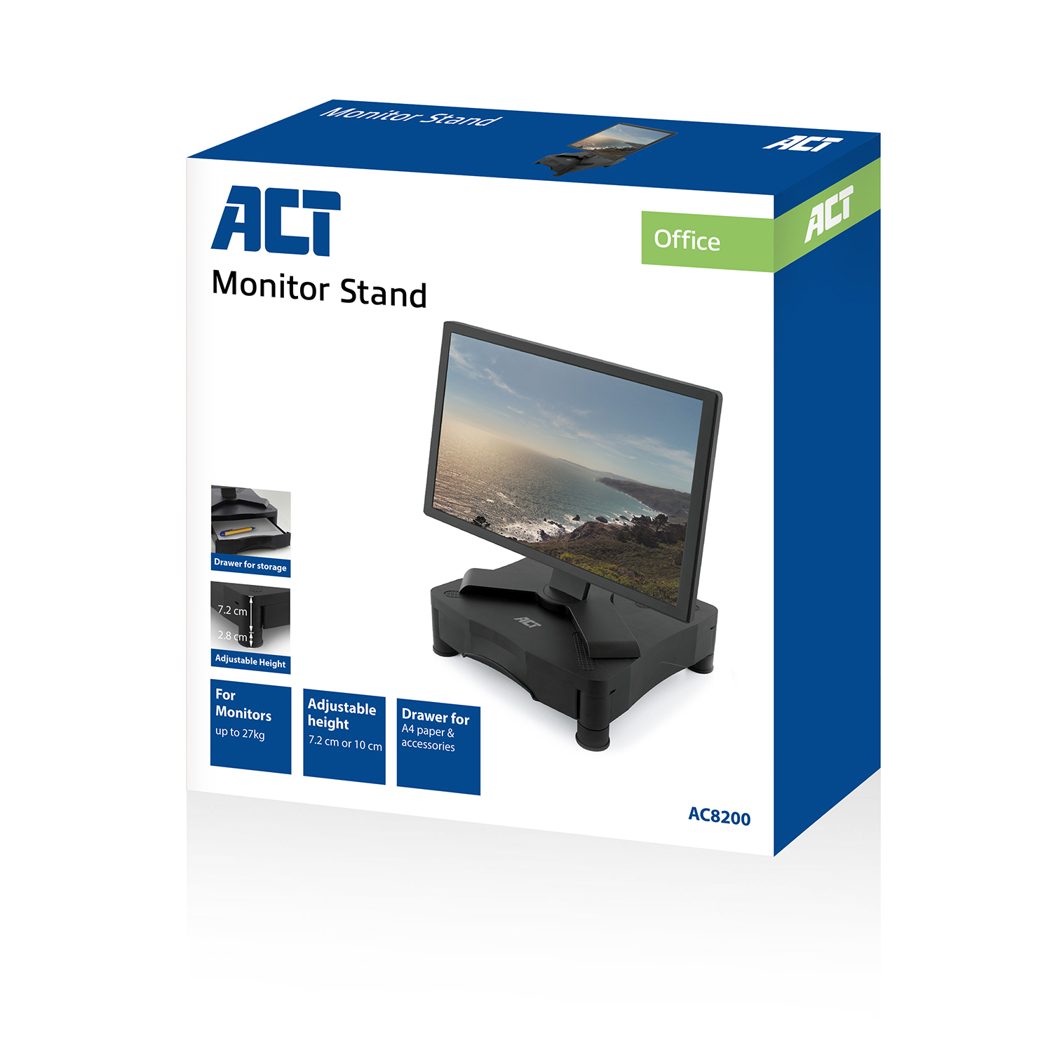 Zwarte monitorstandaard in een doos. Zwarte monitor staat erop. Witte achtergrond met ACT en productinfo.