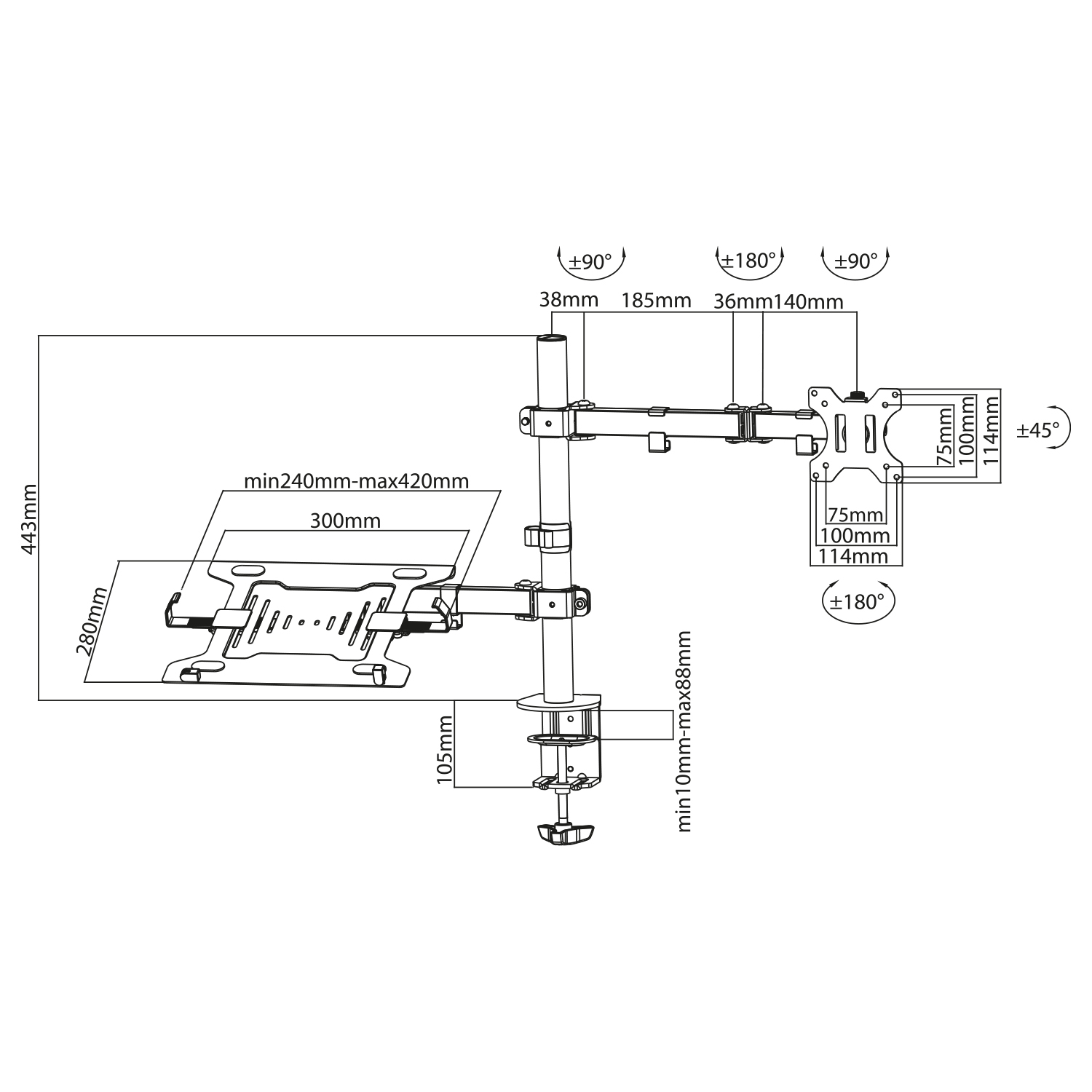 Ein Diagramm eines Monitorständers mit Messungen in mm und Winkelgraden, einschließlich der Standklemme.