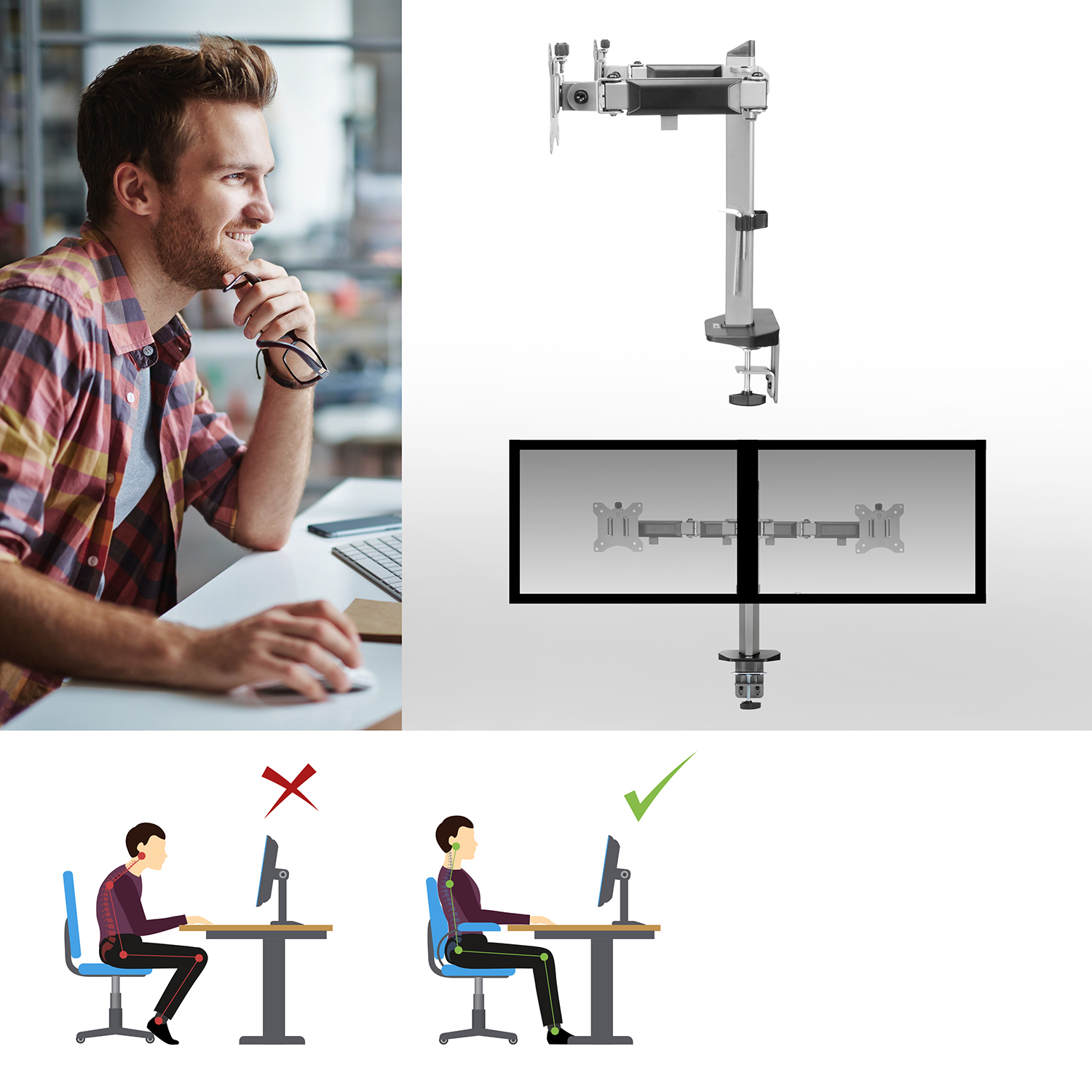 Mann arbeitet am Computer mit zwei Monitoren. Illustrationen von korrekter und inkorrekter Haltung.