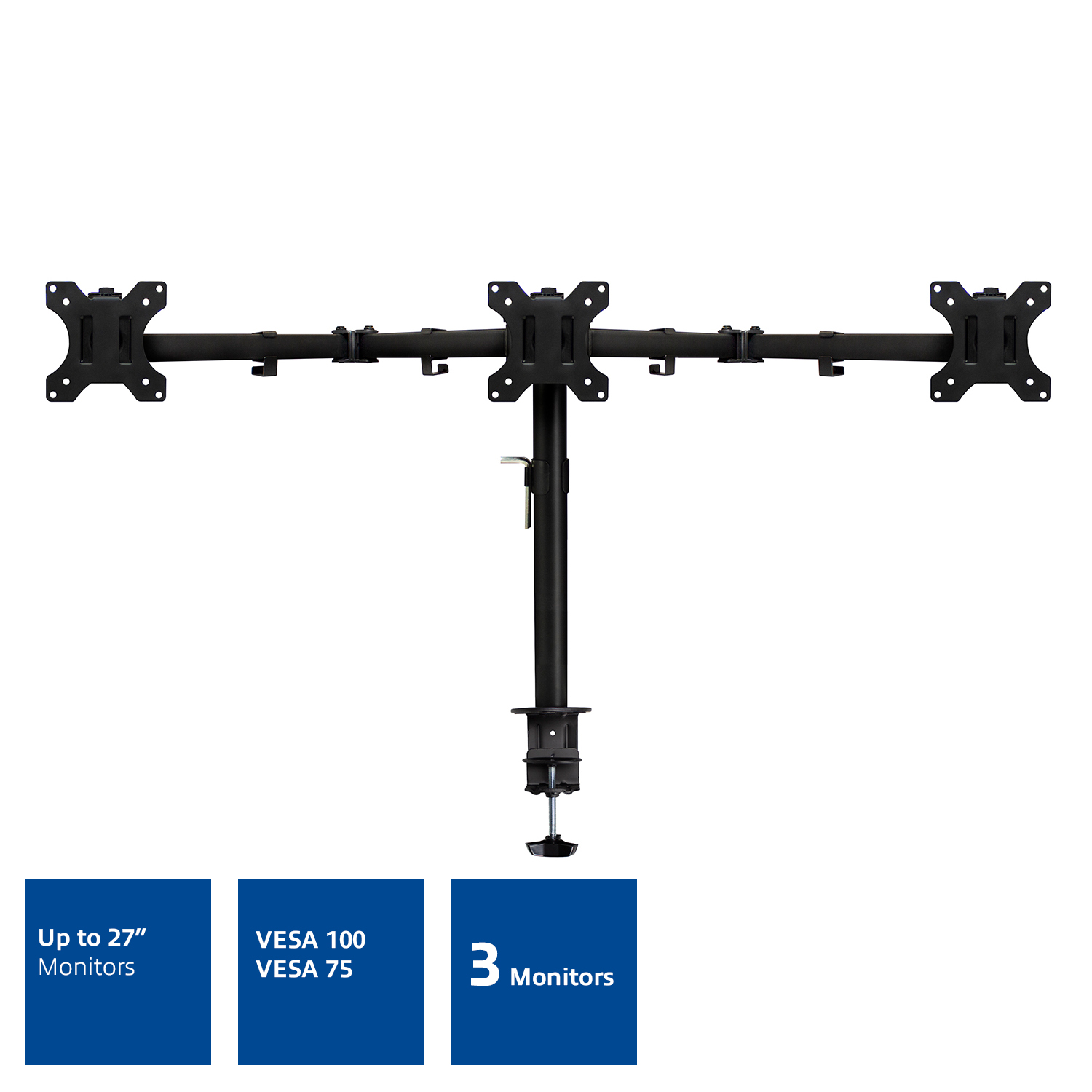 Czarny stojak na monitor z trzema mocowaniami i tekstem o monitorach.