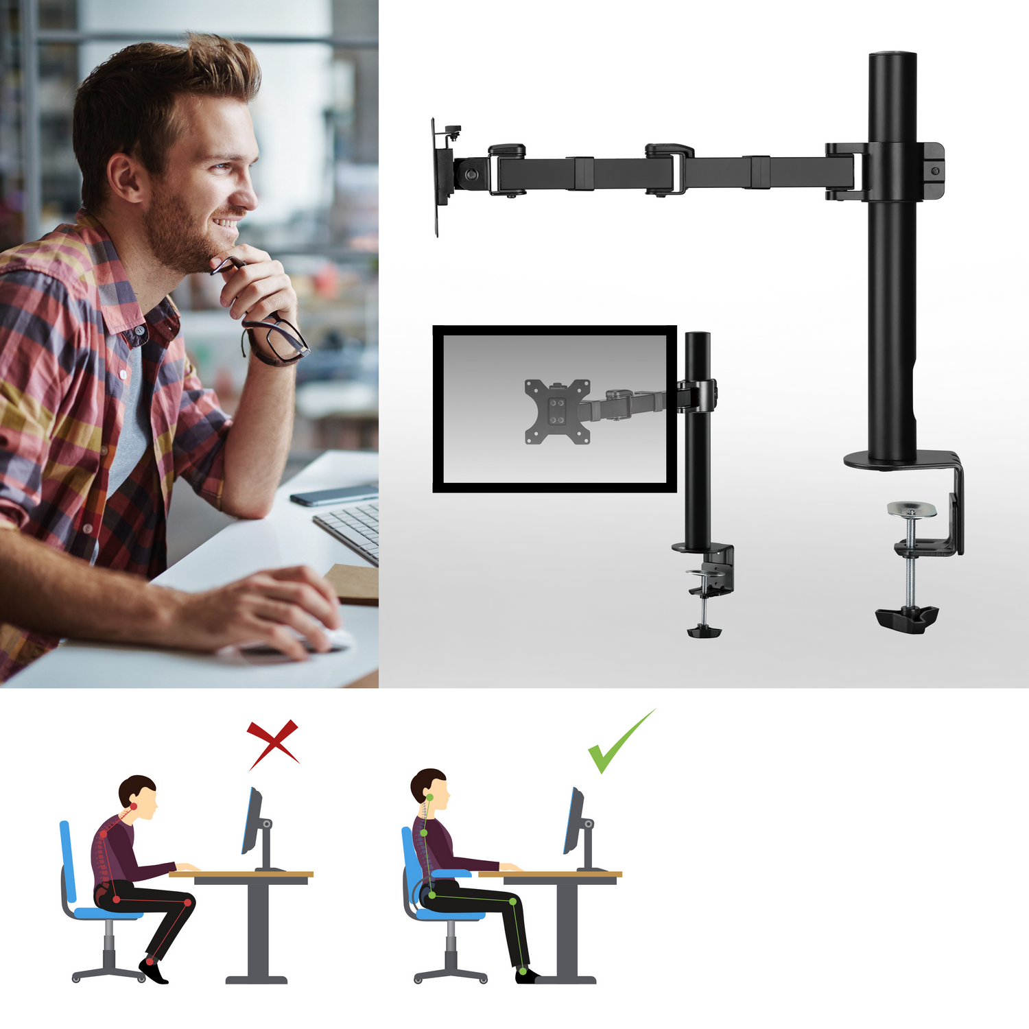 Mężczyzna używający komputera z ramieniem monitora i diagramem prawidłowej i nieprawidłowej postawy.