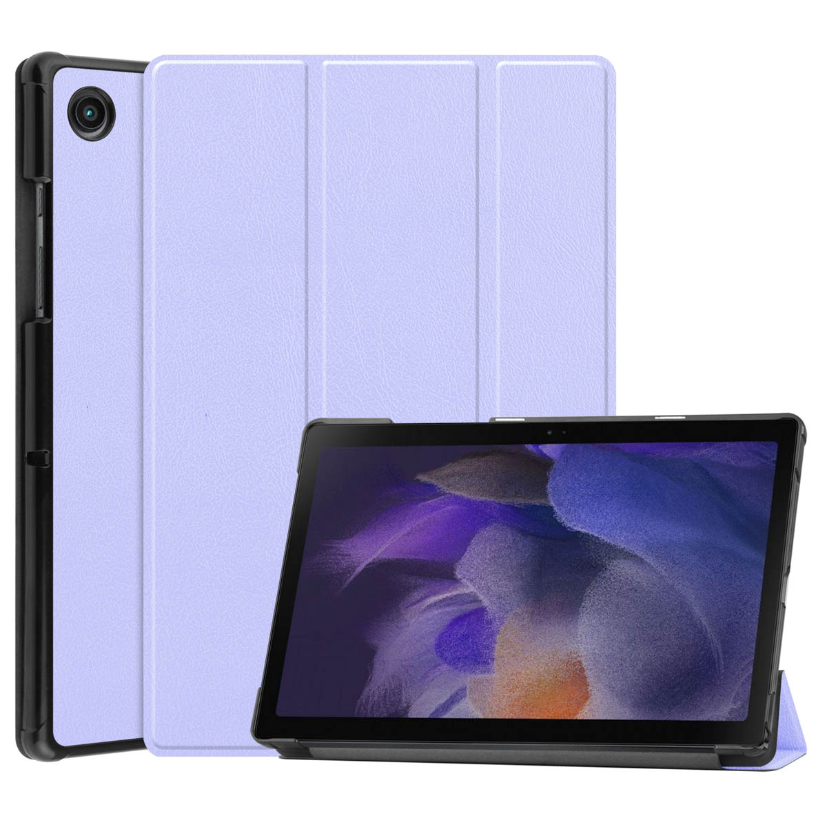 Tablette dans un étui violet, ouverte. La tablette affiche un fond violet.