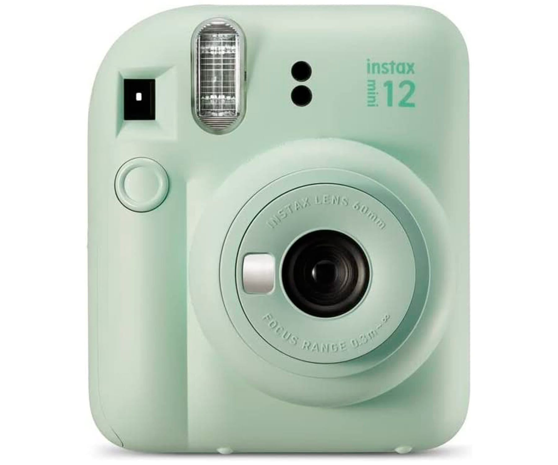 Zielony aparat Instax Mini 12. Ma obiektyw, lampę błyskową i przyciski.