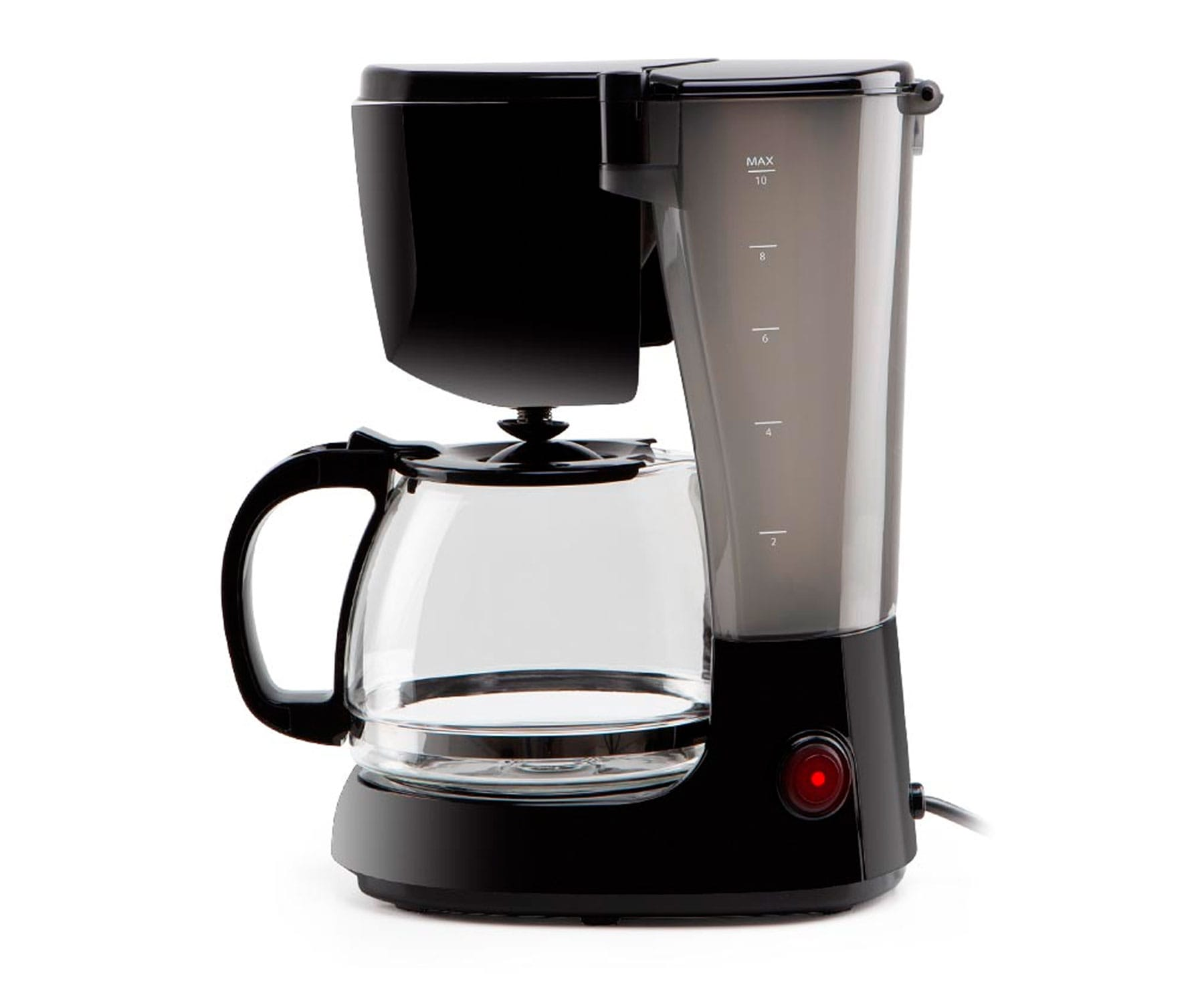 Czarny i przezroczysty ekspres do kawy ze szklanym dzbankiem i czerwoną lampką zasilania.