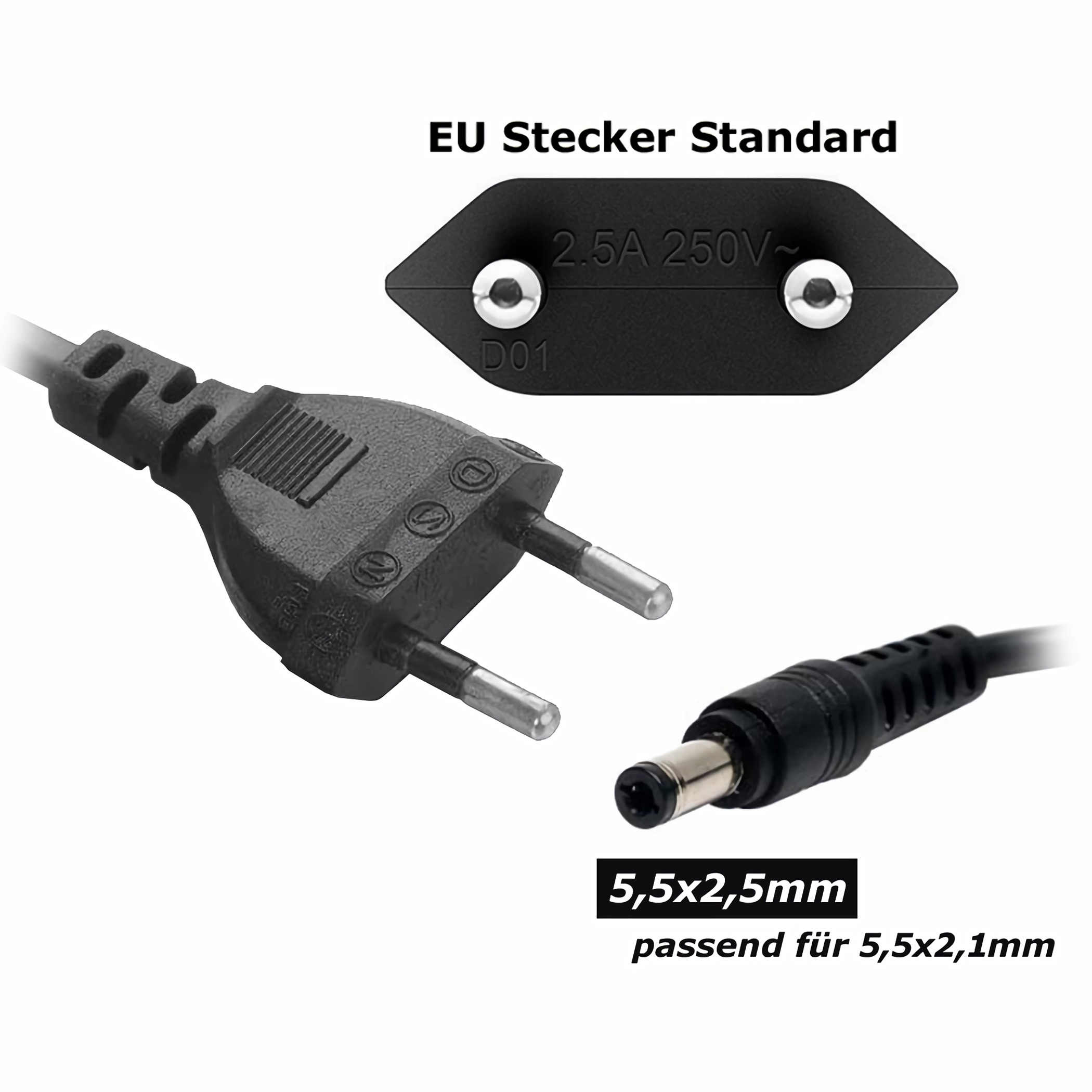 Nahaufnahme des EU-Steckers und Netzkabels mit Text, 'EU Stecker Standard' und '5,5x2,5mm'.