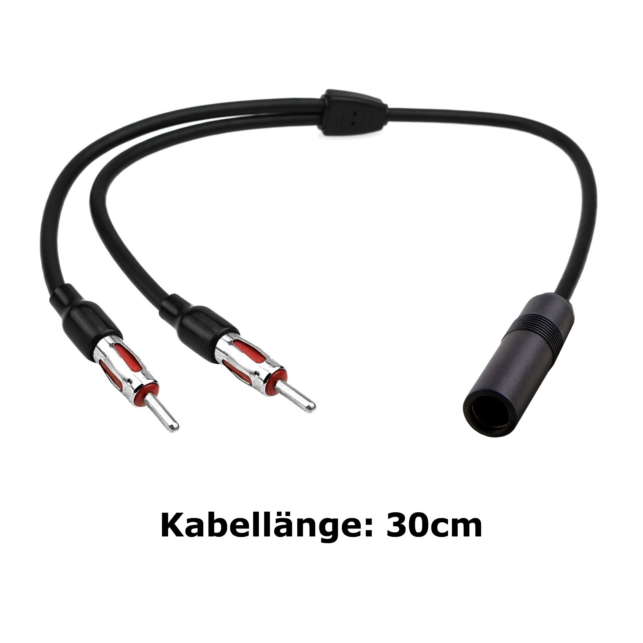 Ein Autoantennenadapter mit zwei schwarzen Kabeln und zwei roten Steckern. Darunter steht 'Kabellänge: 30cm'.
