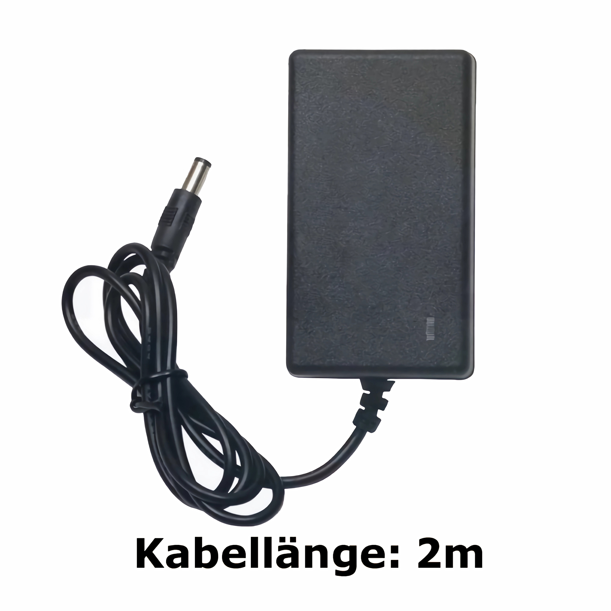 Schwarzes Netzteil mit Kabel. Der Text darauf lautet: Kabellänge: 2m.