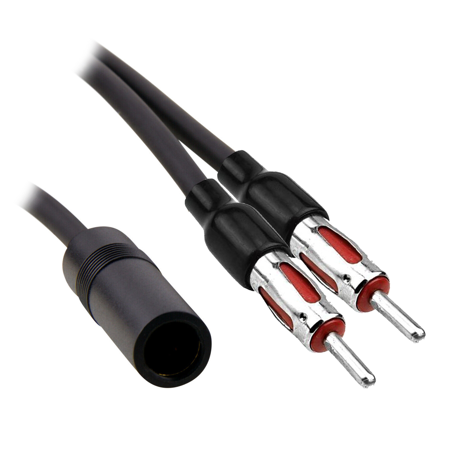 Zwei schwarze Autoantennenkabel mit roten Steckern. Weißer Hintergrund.