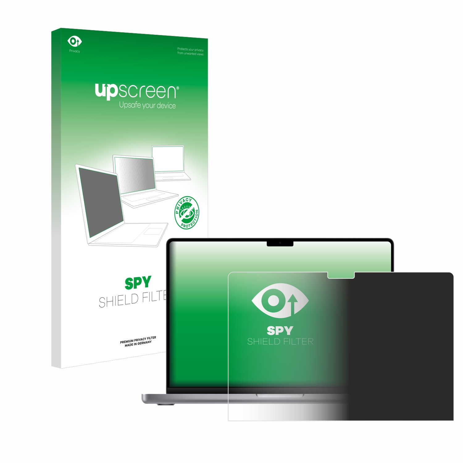 Weiße Box mit Displayschutz und Laptop. Auf der Box steht 'SPY SHIELD FILTER'.