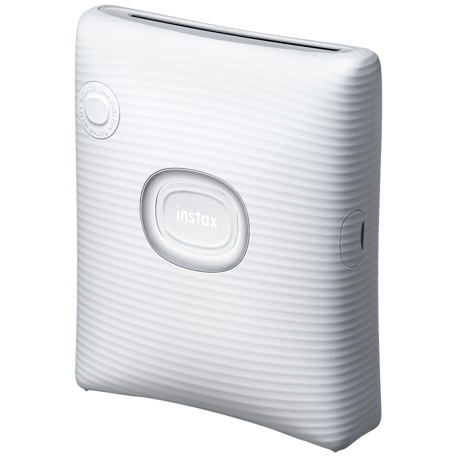 Una stampante Instax Square Link bianca. È un dispositivo rettangolare con un pulsante ovale e testo.