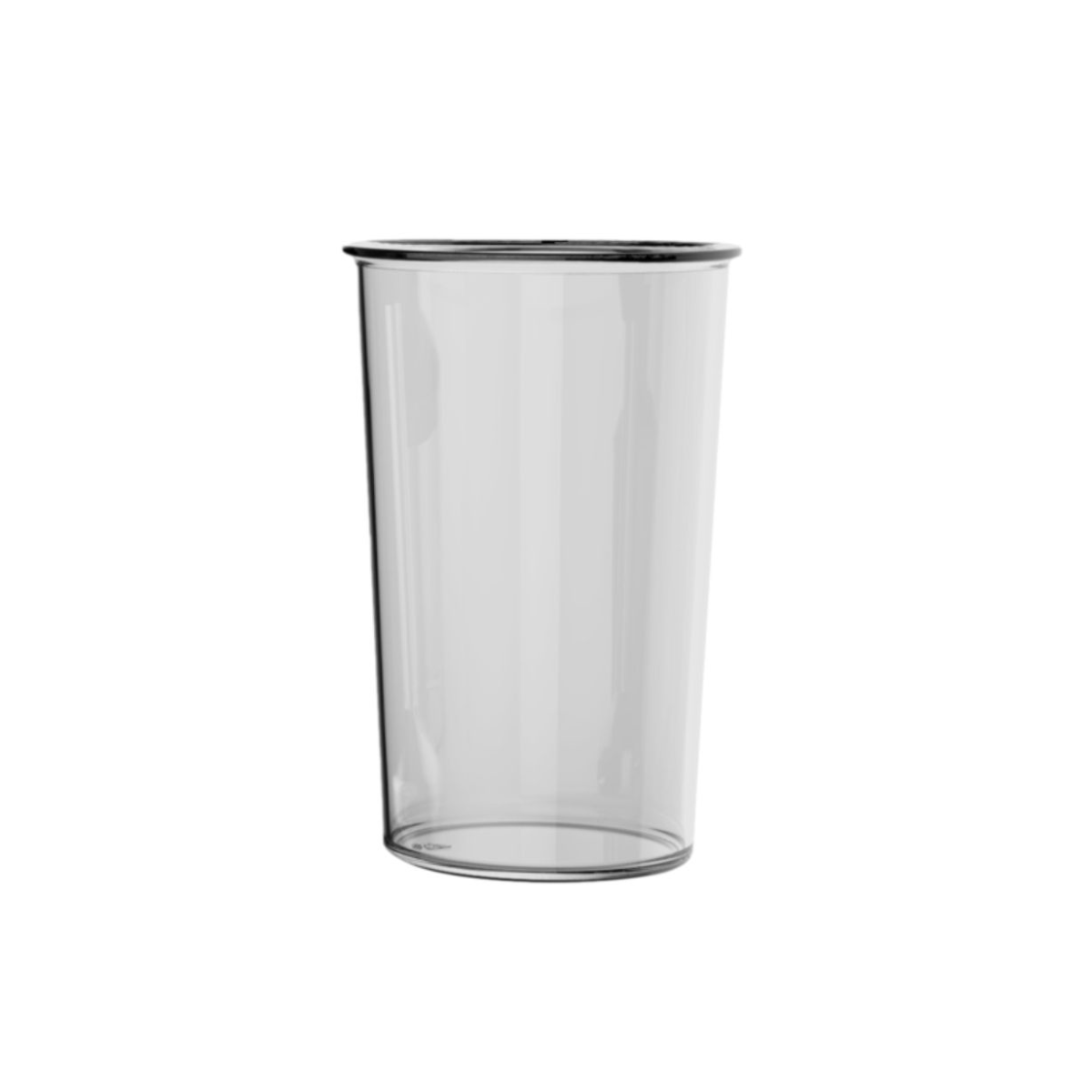 Vaso de vidrio transparente con borde negro, de pie sobre un fondo blanco. El vaso está vacío.