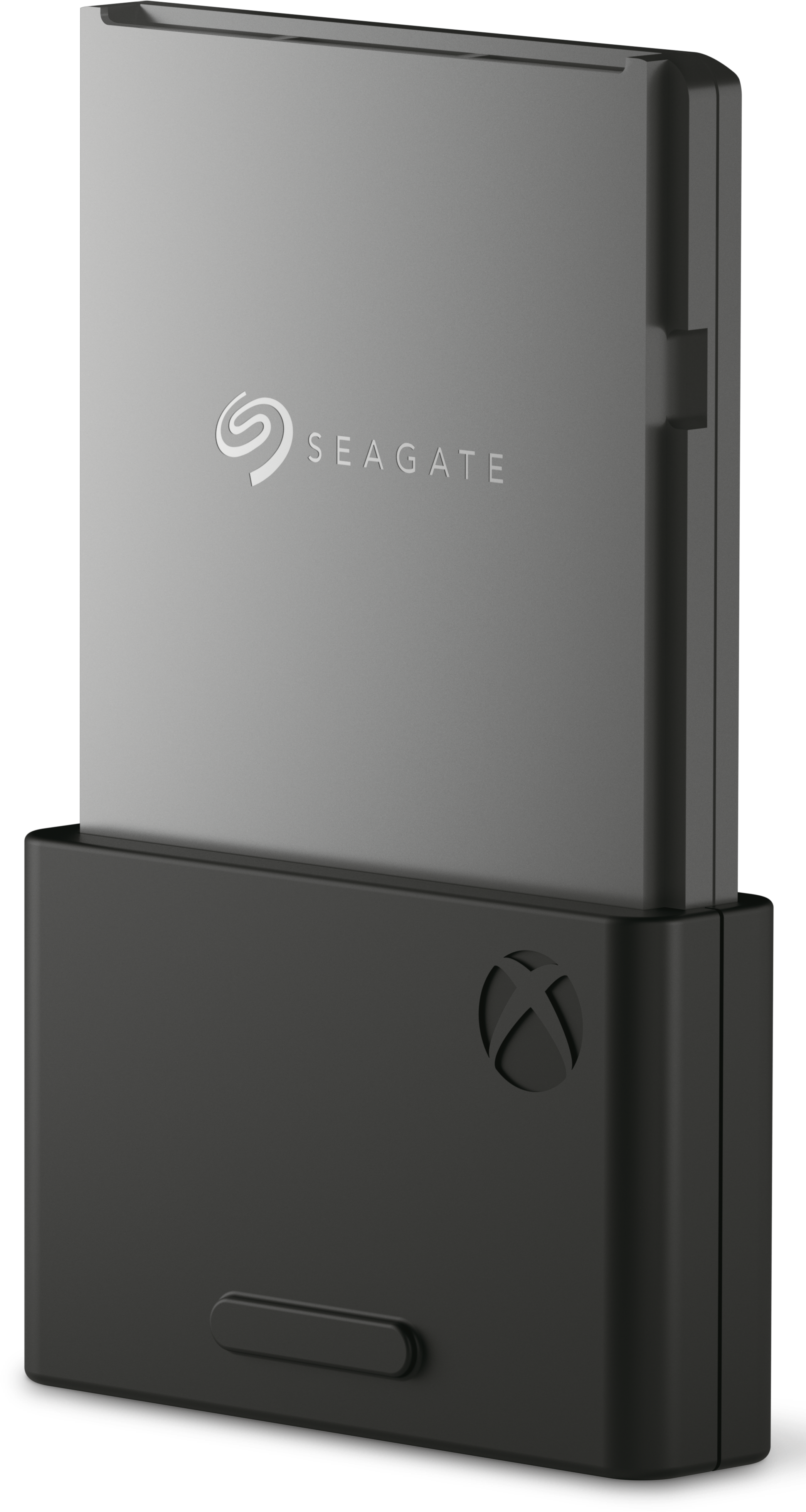 Un dispositivo di archiviazione Seagate nero e grigio, collegato a una base nera con logo Xbox, sfondo bianco.