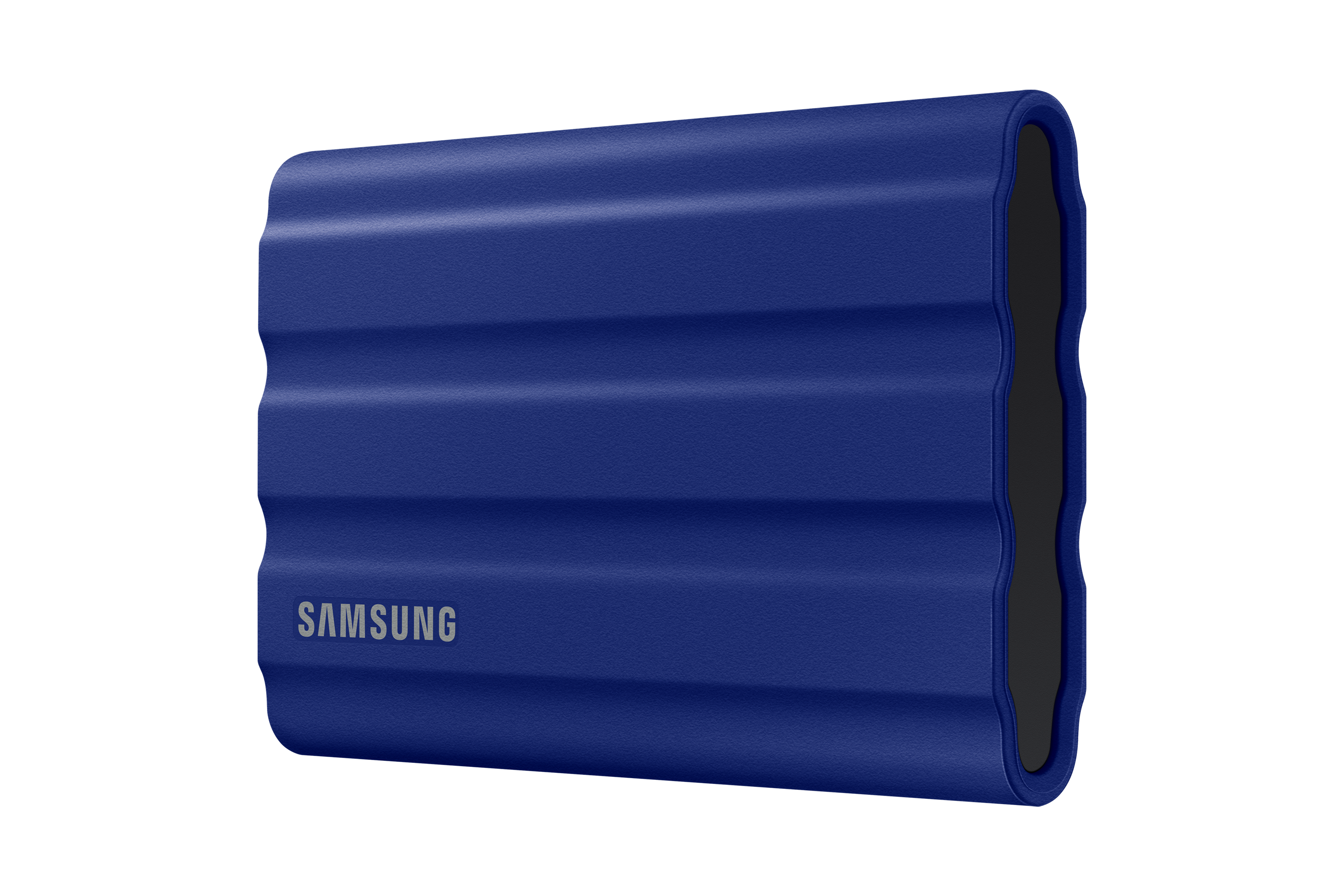 Niebieski, teksturowany zewnętrzny dysk twardy z logo Samsung.