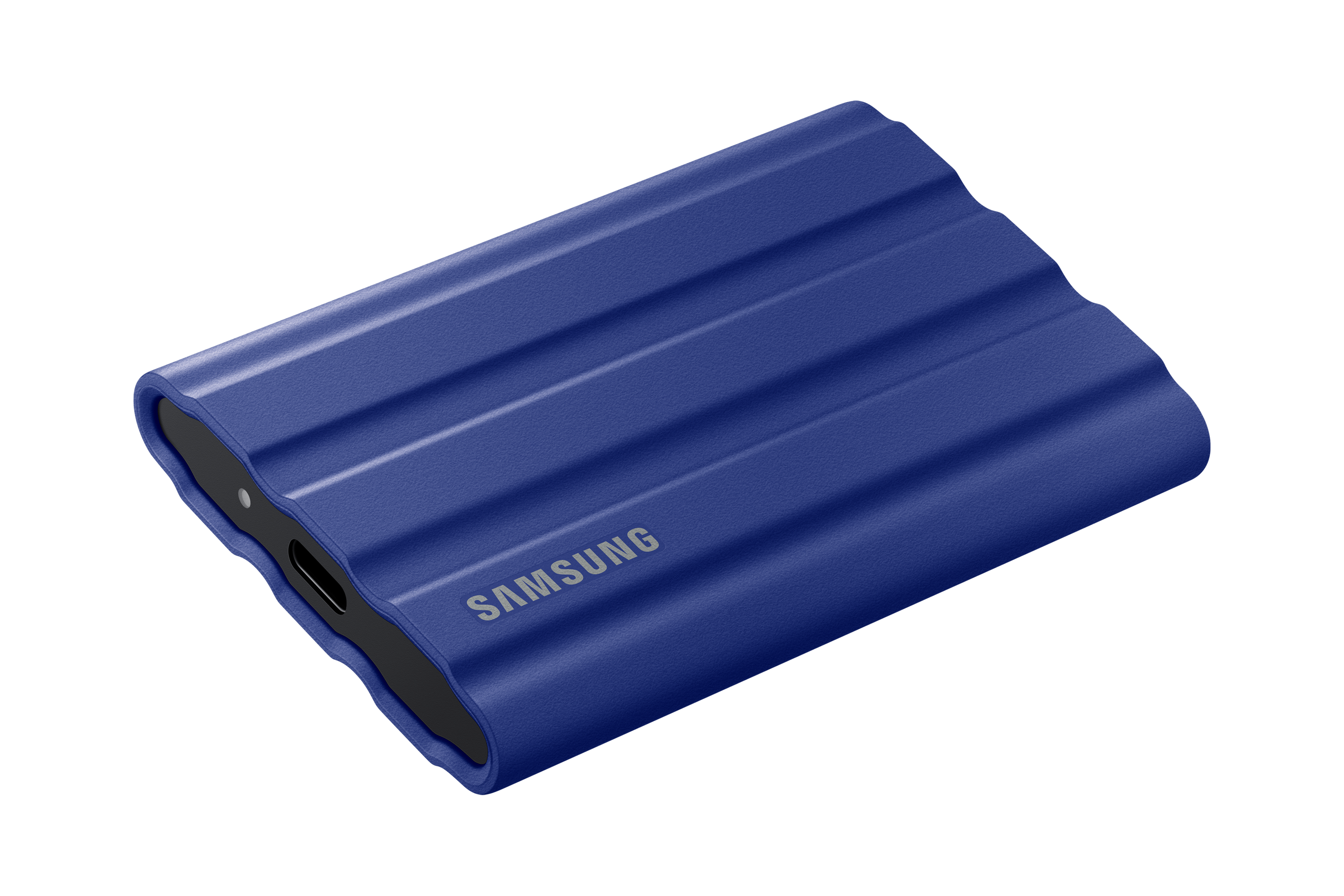 Niebieski zewnętrzny dysk twardy Samsung. Teksturowana powierzchnia, czarne końce i srebrny tekst 'SAMSUNG'.