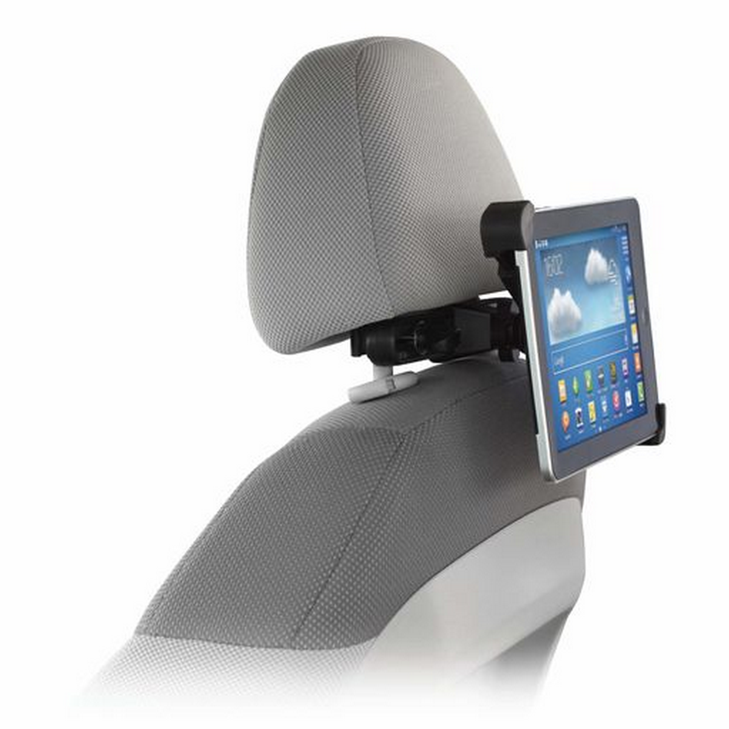 Tablet an einer Kfz-Kopfstütze montiert. Der Bildschirm zeigt eine Anzeige.