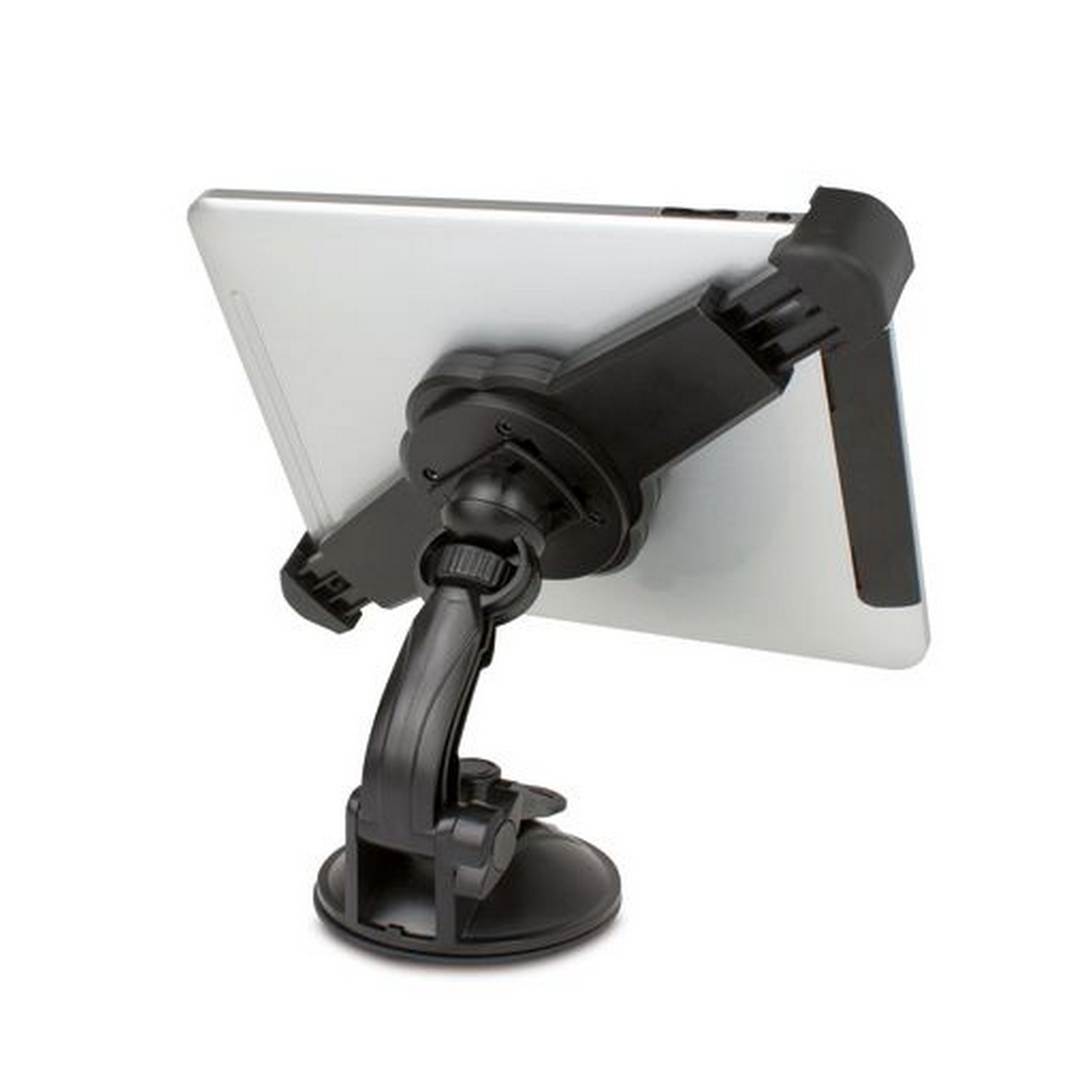 Tablet an schwarzem, verstellbarem Halter mit Saugnapf befestigt. Weißer Hintergrund.