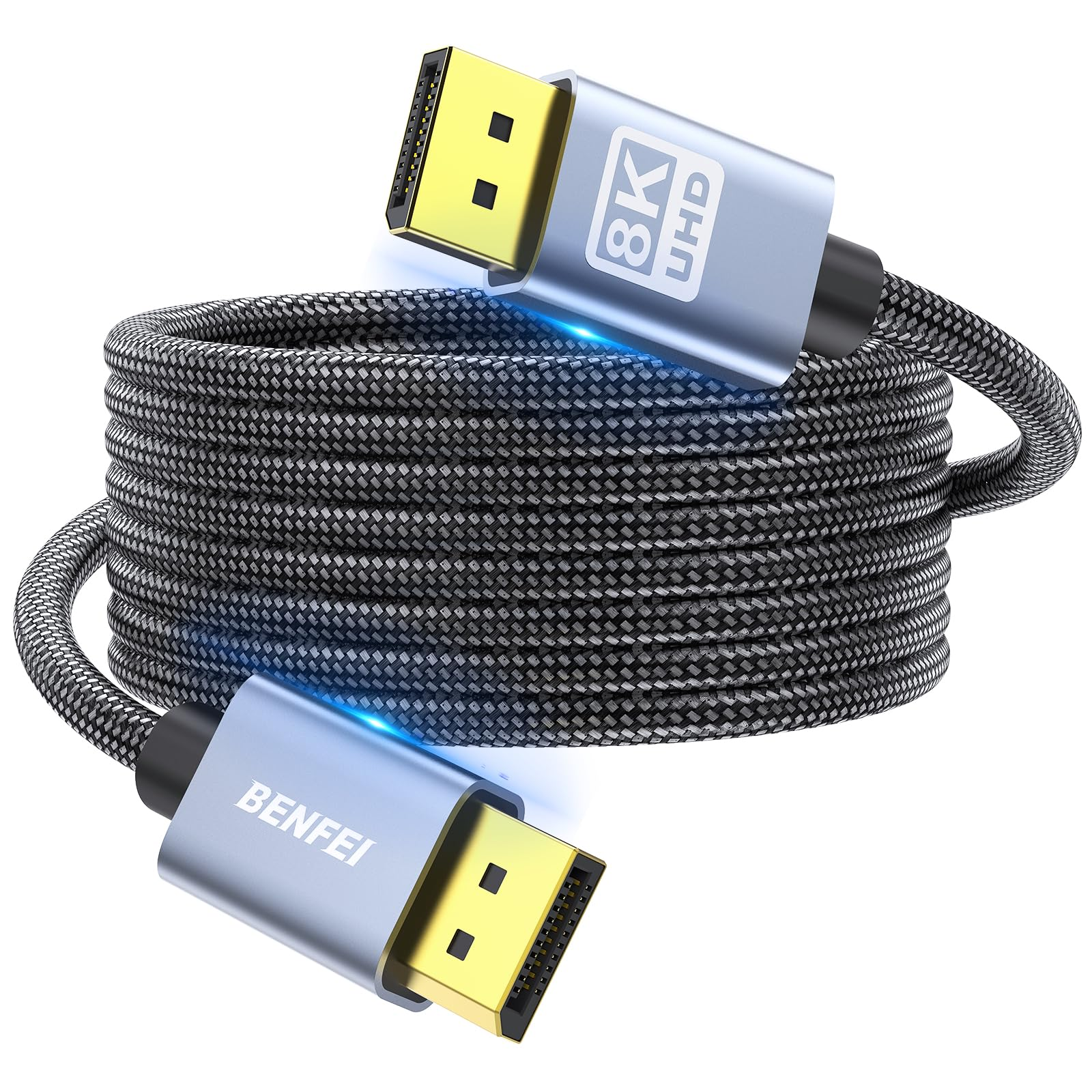 Schwarzes und graues HDMI-Kabel mit zwei silbernen Steckern. Das Kabel ist aufgerollt.