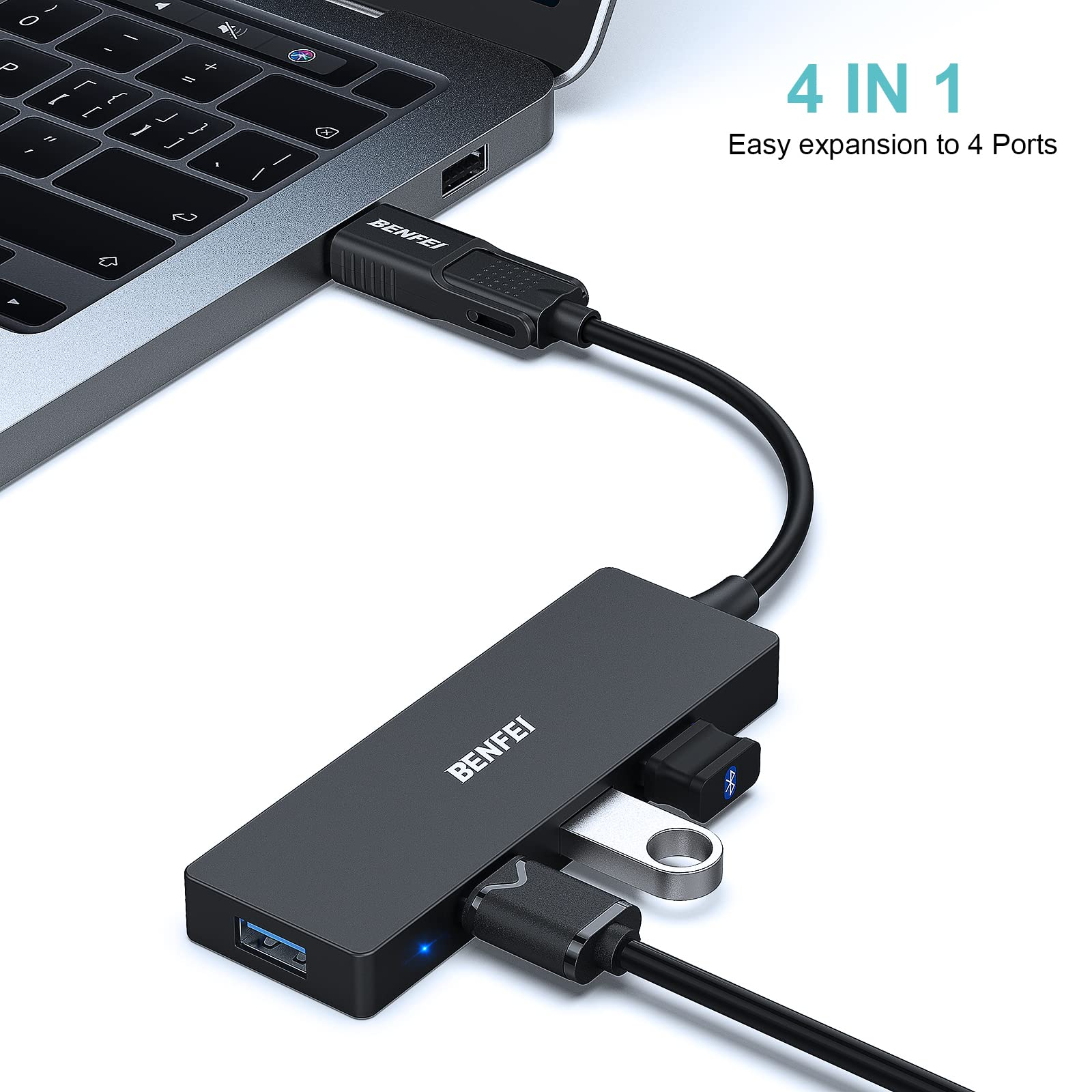 Schwarzer Benfei USB-Hub, an einen Laptop angeschlossen, mit anderen Geräten, weißer Hintergrund.