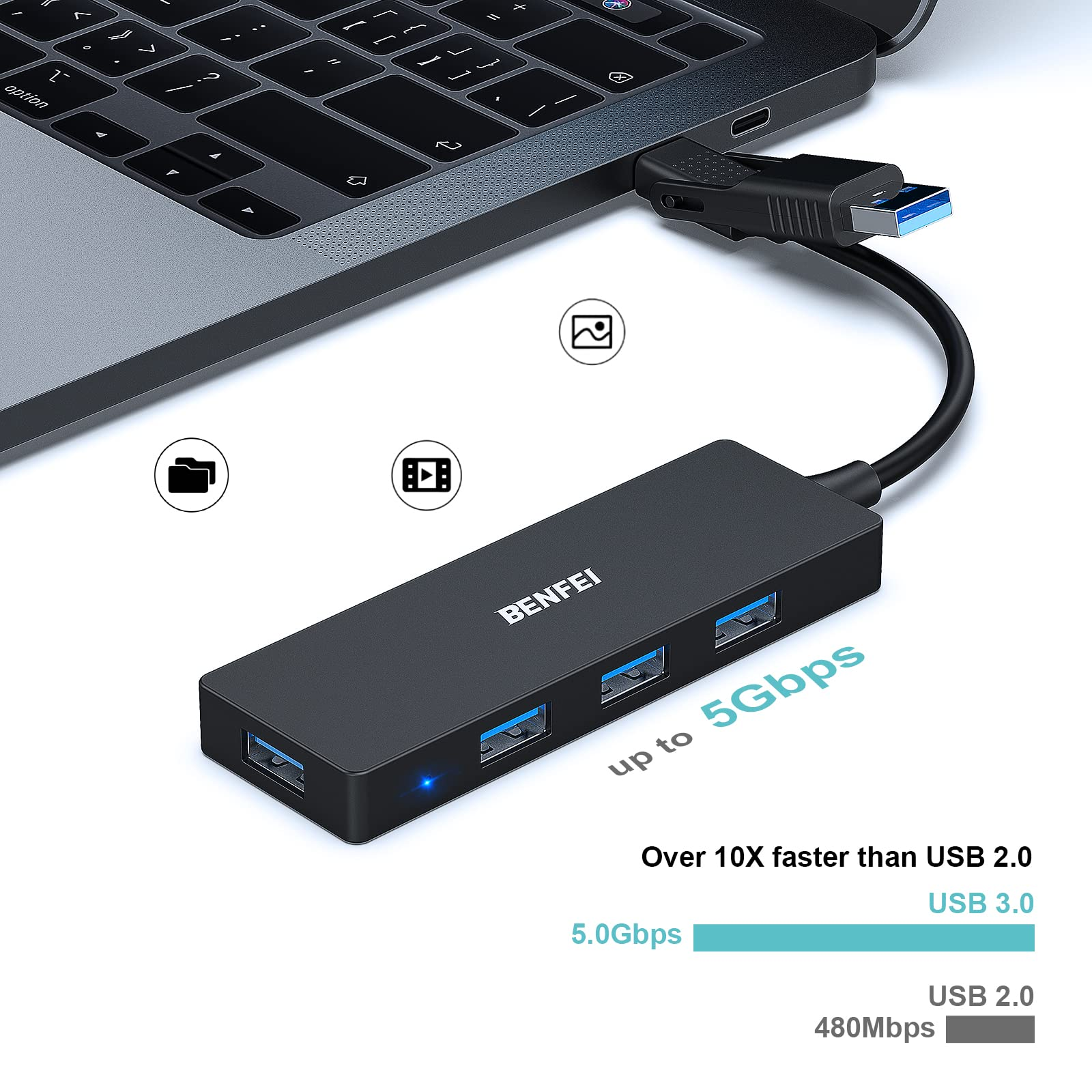 Schwarzer USB-Hub, an einen Laptop angeschlossen. Der Hub hat 4 USB-Anschlüsse und Beschriftungen.