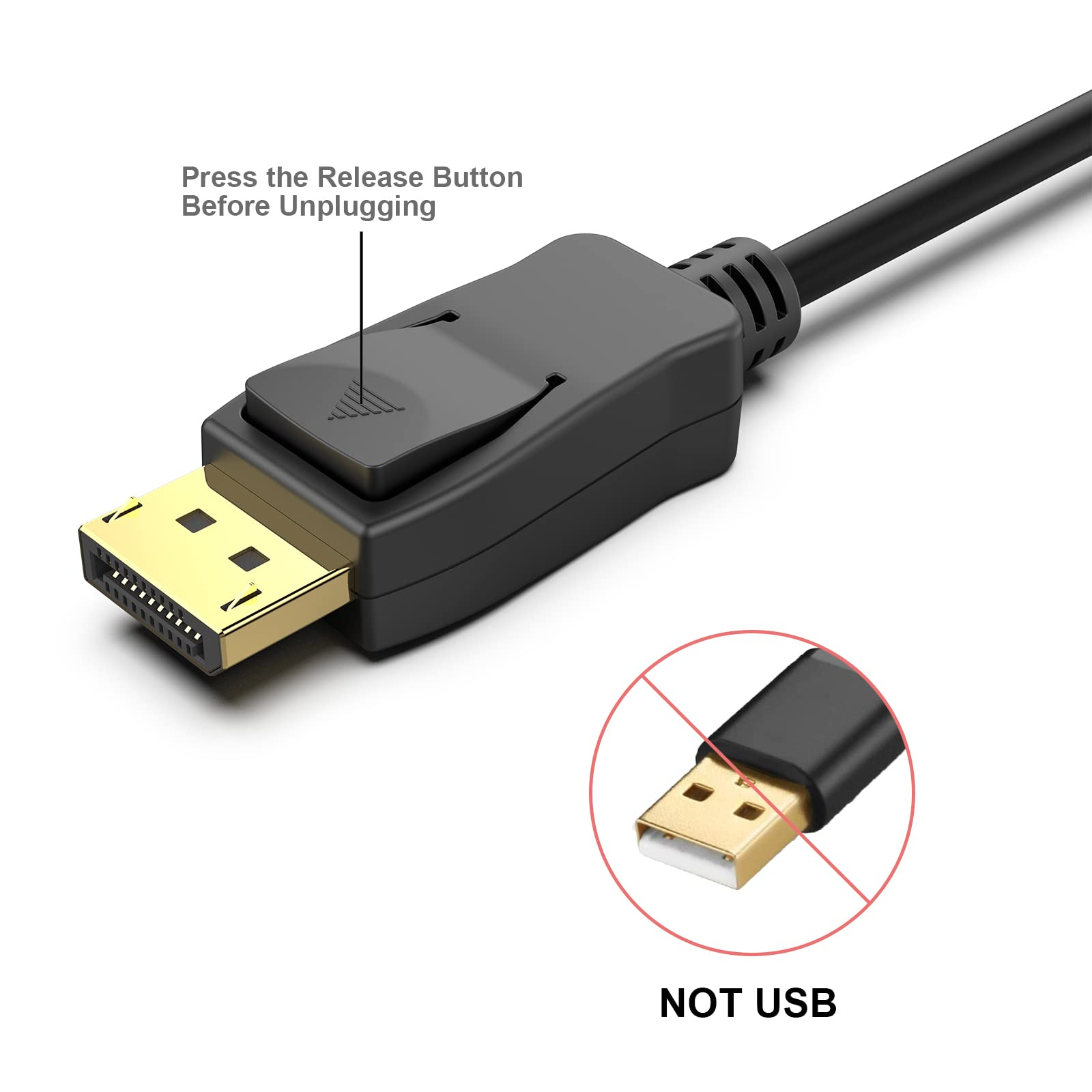 Schwarzer DisplayPort-Anschluss mit goldfarbenem Stecker, kein USB-Anschluss.